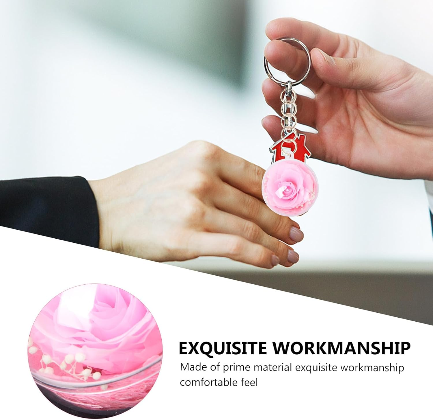 GOOHOCHY Preserved Flower Key Pendant Bag Charm Pink 5Cm Ball Keychain for Women New Year DIY Accessory image number 6