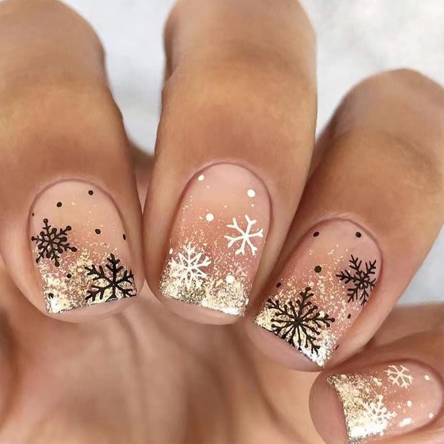 TELAIN 24 Pieces Snowflake Press on Nails, Short Square False Nails, Christmas Press on Nails, Gold Glitter with Design, Full Coverage, Stick on Nails image number 1