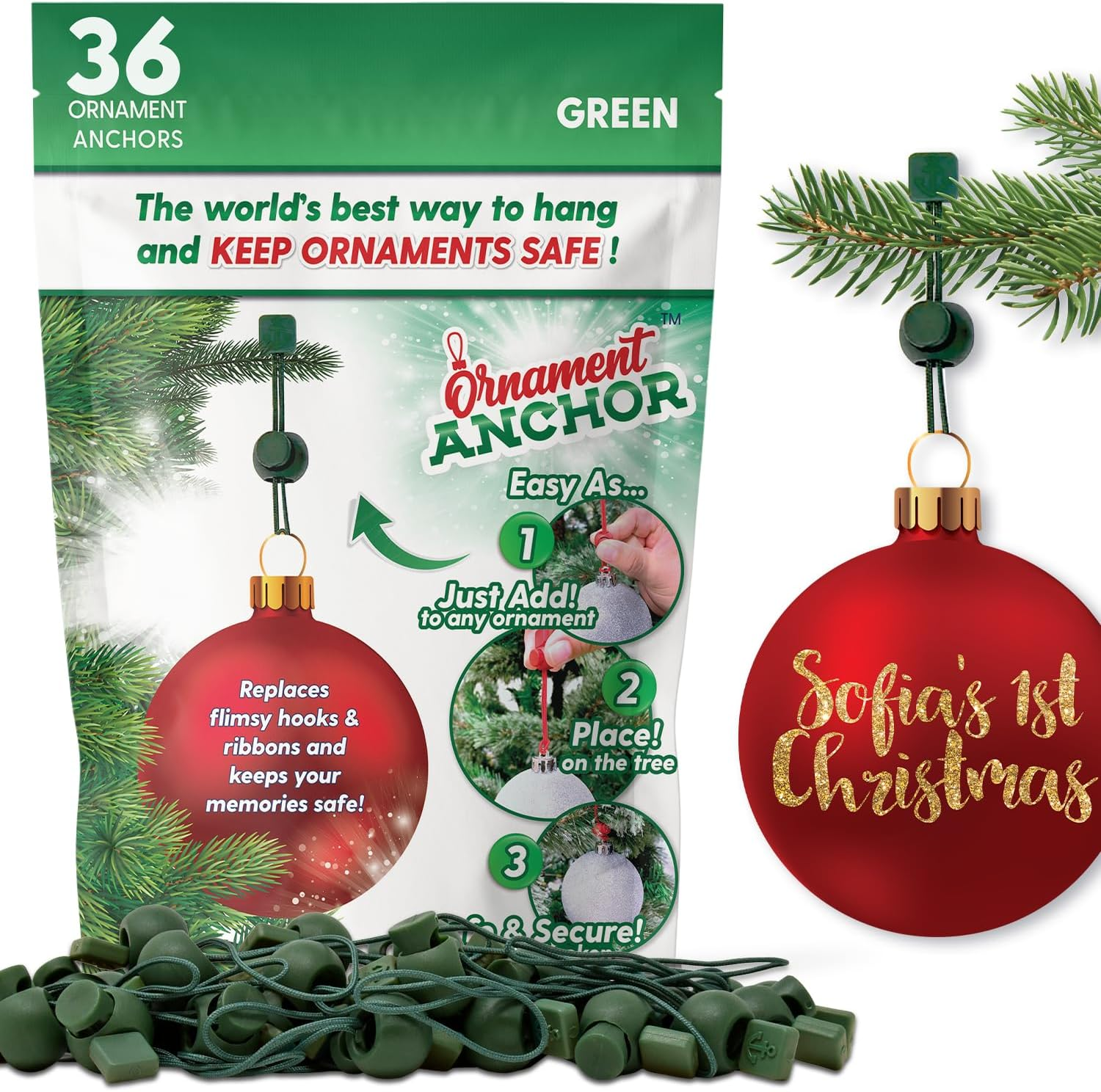 ORNAMENT ANCHOR Ornament Hooks for Hanging Christmas Decorations - No-Slip Hanging Hooks for Xmas - Heavy Duty Christmas Tree Ornaments Hanger Hooks for Small & Large Ornaments (Green, 24 Count)
