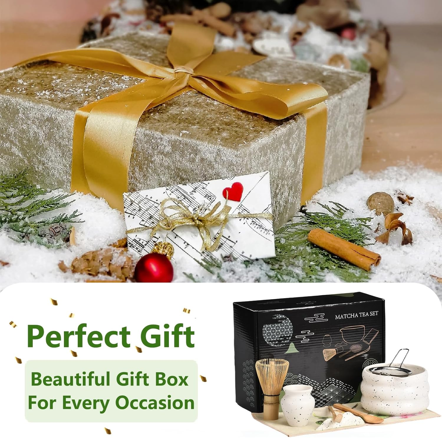 Haghito 8 PCS Matcha Whisk Set - Japanese Tea Ceremony Kit with Handcrafted Bamboo Whisk, Ceramic Bowl with Spout, Whisk Holder, Scoop, Sifter, Tea Cloth & Spoon Stand, Matcha Kit for Tea Lovers image number 3