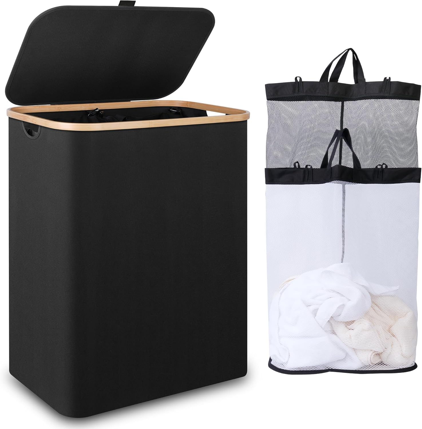 60L Slim Laundry Basket with Lid,Hampers for Laundry,Narrow Laundry Hamper with Removable Inner Bag & Bamboo Handles,Tall Thin Clothes Hamper for Clothes Toys Towels Organization（Beige ）