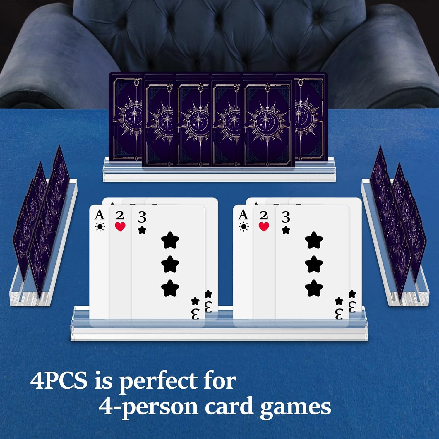 4Pcs Transparent Acrylic Playing Card Holder with Double Groove Base Versatile Game Cards Holder Easy to Clean Card Game Organizer for 4 Players Tabletop Use image number 5