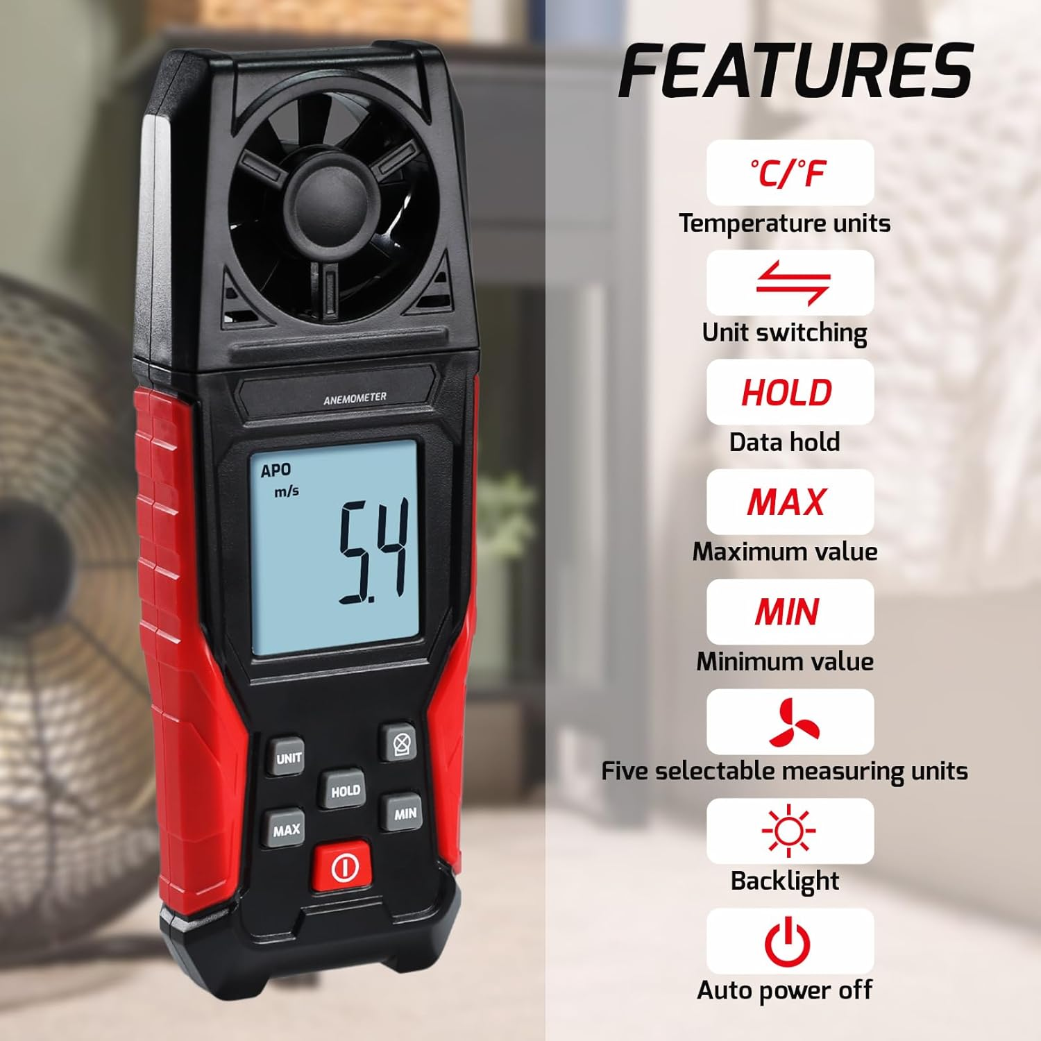 Digital Anemometer Wind Speed Meter (0.3-30 M/S) Air Velocity & Temperature Measurement M/S | Km/H | Ft/M | Mile/H | Knots with Backlight Display, Data Hold, Max/Min Functions image number 5