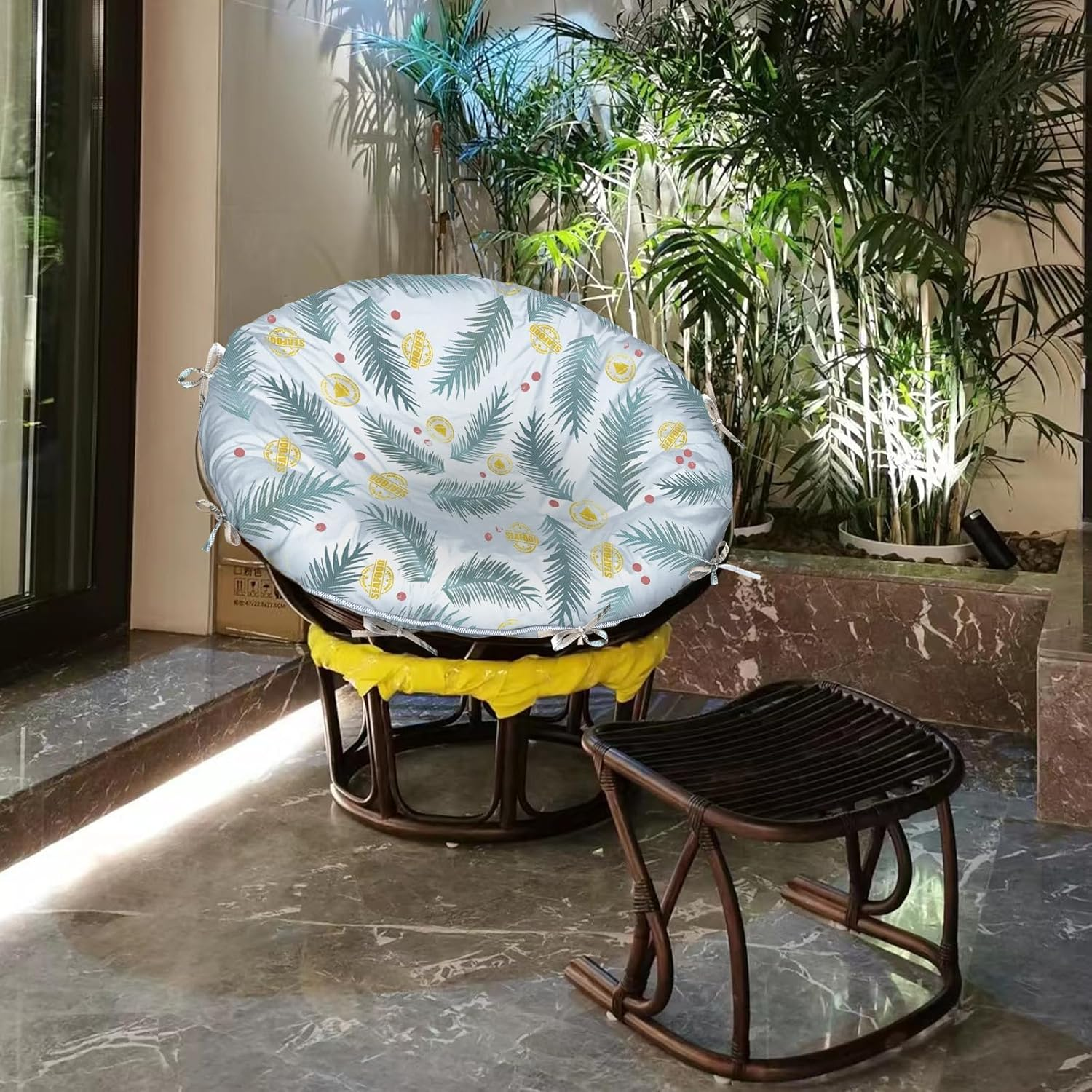 Papasan Cushion Covers 50" D - Blue Leaf Flower Color 600D Waterproof Heavy Duty Oxford Cloth Outdoor Patio Zippered Papasan Cushion Cover image number 2