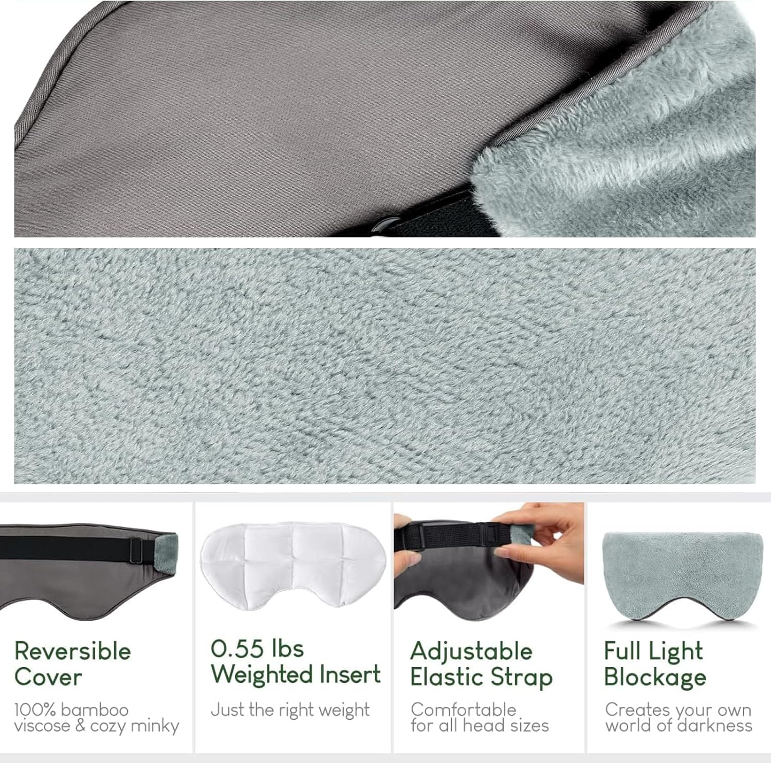 Weighted Eye Mask for Sleeping, Heatable & Freezable Eye Mask with Bead Bag, Soft Plush, Bamboo Fiber & Cotton Sleep Eye Mask with Adjustable Strap for Men & Women, Grey
