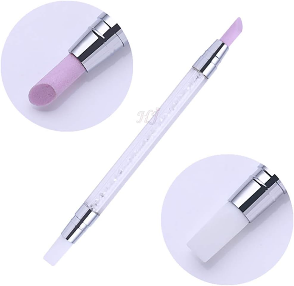 2 Way Quartz Stone Nails Cuticle Remover + Rhinestone Crystal Nail Art Brush Pen Silicone Head Carving Embossing Hollow Sculpture Acrylic Manicure Dotting Tools 1 Pack HJ-NAT156 image number 3