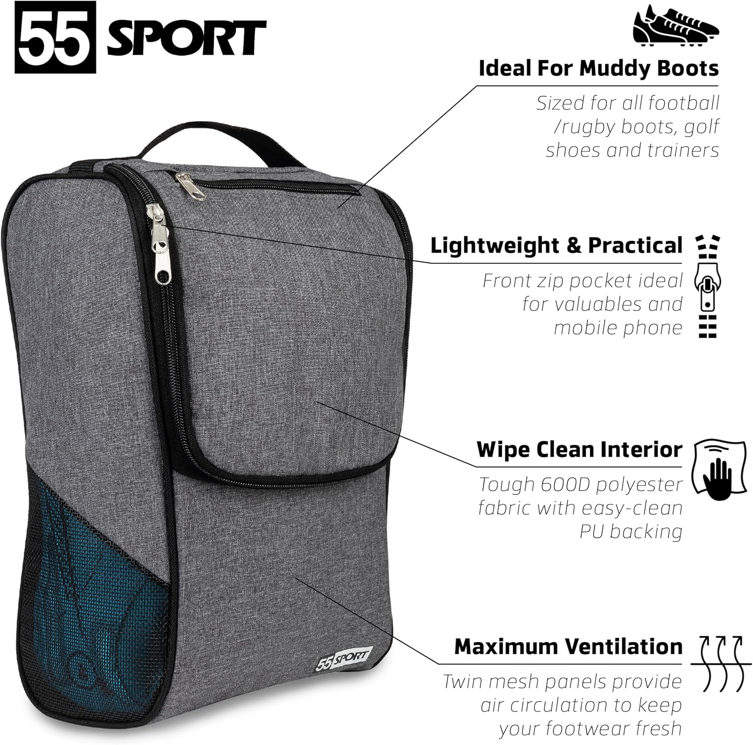 55 Sport Pro Ventilated Football Boot and Shoe Bag with Zipped Pocket - Grey - Camo image number 2