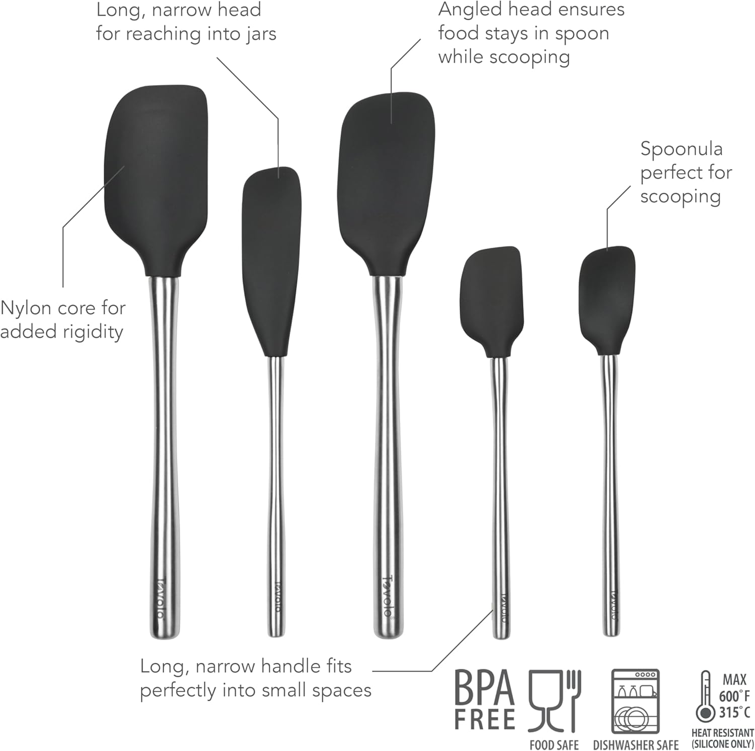 Tovolo 5-Piece Spatula Stainless Steel & Silicone Utensil Set (Black): Spatula, Spoonula, Jar Scraper, Mini Spatula, and Mini Spoonula image number 7
