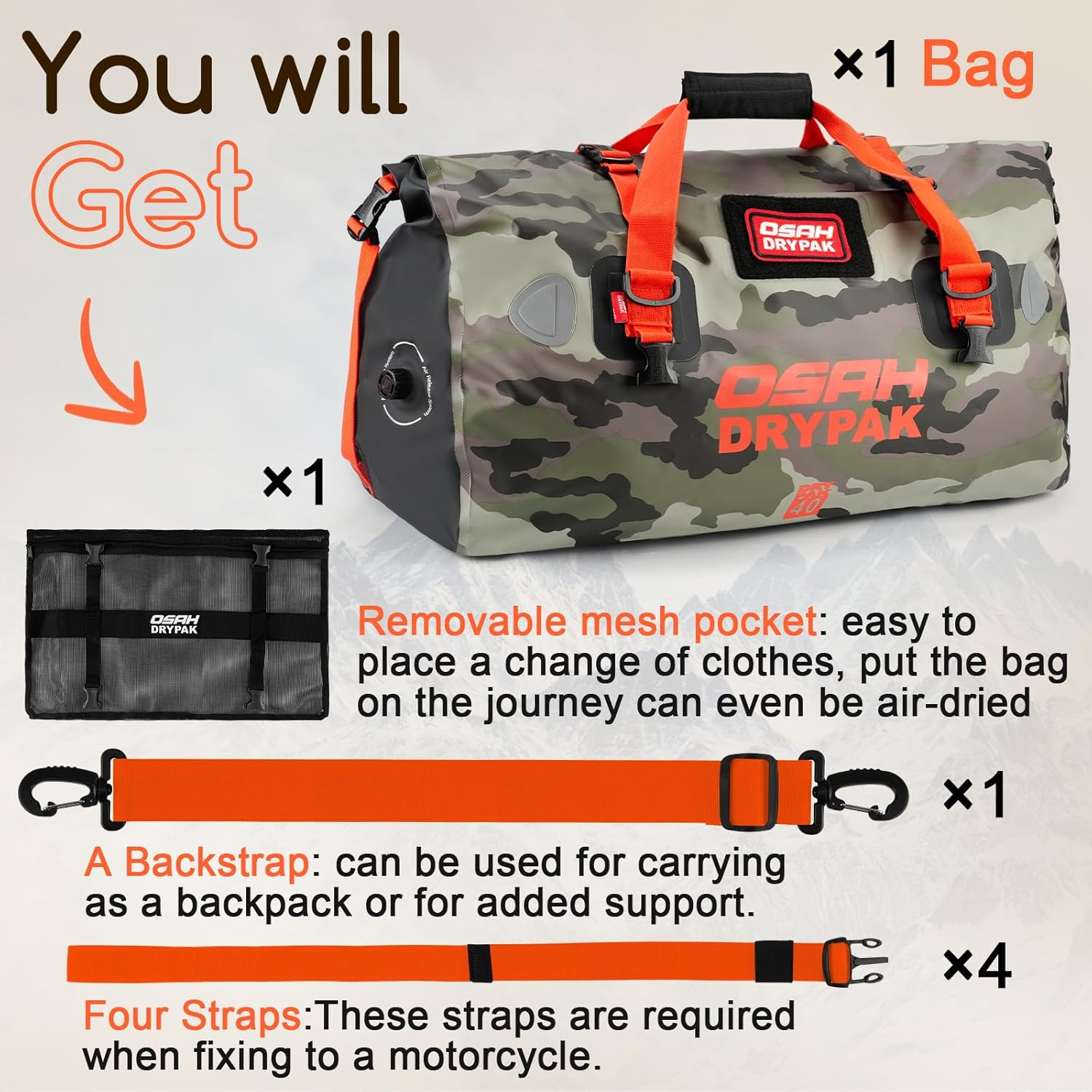 Waterproof Duffel Bag - Motorcycle Dry Bag Tail Bag with Large Storage Space, Waterproof Luggage Duffle Bags with Outer Mesh Zipper Pocket for Camping, Kayaking, Fishing & Traveling image number 7