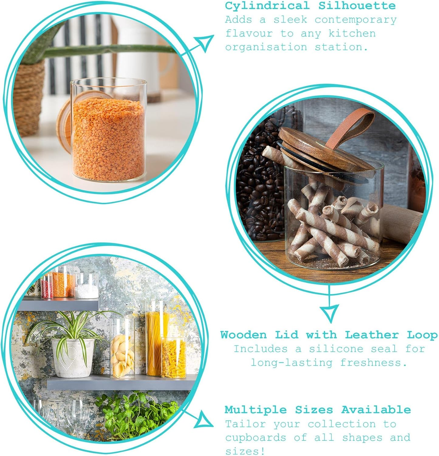 Argon Tableware Scandi Storage Jars with Leather Loop Lids - 1000Ml - 6 Pack - Modern round Organisation Container Glass Jar for Kitchens, Pantry, Bathrooms, Utility Rooms image number 1