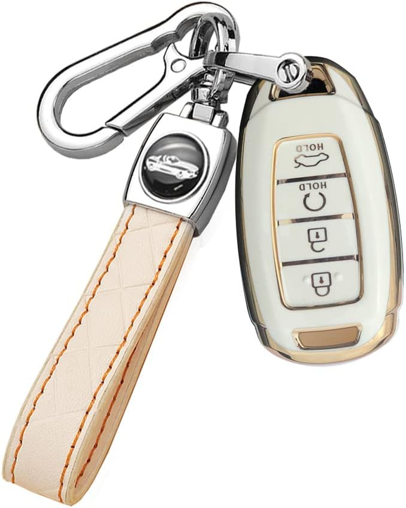 HIBEYO Key Fob Cover for 2018 2019 2020 2021 2022 Hyundai Santa Fe Venue Kona Veloster Palisade Elantra GT Accessories with Keychians Key Case Shell Soft TPU 4 Button-White - Black image number 2