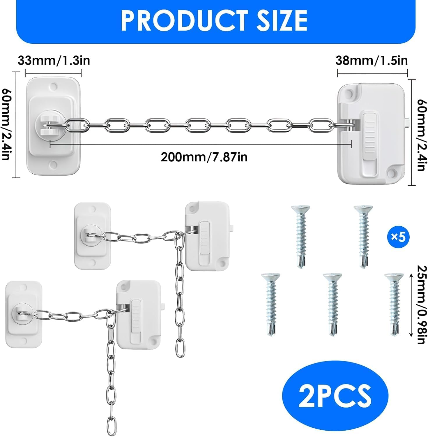 Window Locks Pets Child Safety, 2 Pack Adjustable Window Restrictors with Stainless Chain, Heavy Duty Combination Fridge Door Lock, Child/Baby Safety Proofing Lock for Cabinets, Closets, Drawers, Window and More, Easy Install and Use image number 1