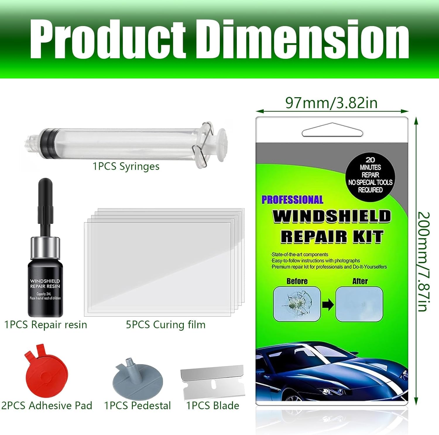 Windshield Crack Repair Kit, for Bulls-Eyes, Half-Moon, Cobweb, Star and Long Line Cracks - DIY Glass Repair Tool Kit with Resin, Syringe, Curing Films image number 5