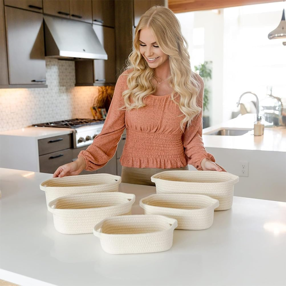 5Pcs Rectangle Storage Basket, Natural Cotton Rope Woven Baskets, Decorative Bins Woven Storage Basketry with Handle for Organizing Clothes Toy Pet Household Use Items image number 5