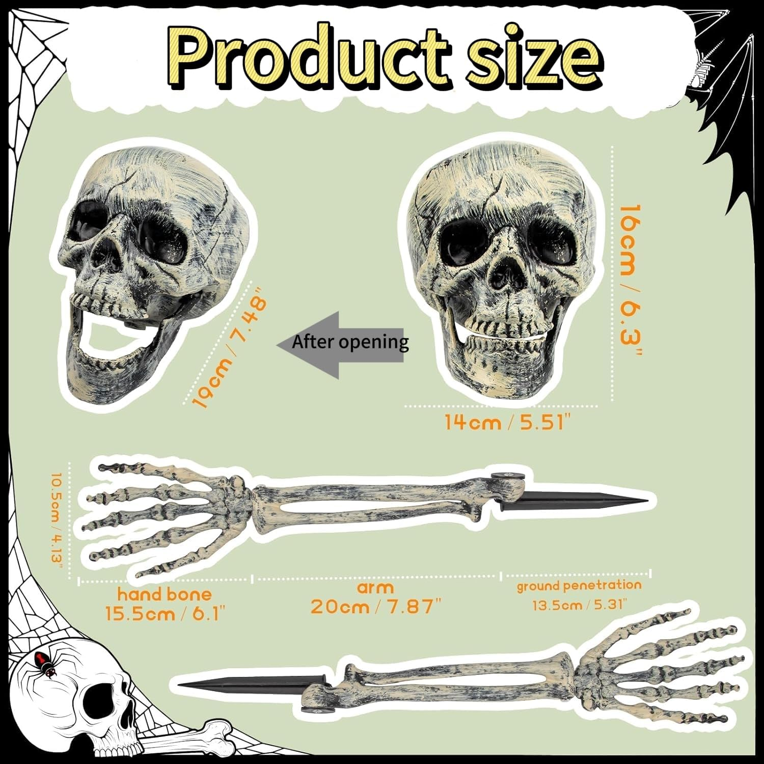 Plastic Skeleton Arms with Stakes and Skull for Halloween Decorations Outdoor, 5-Piece Decorative Props with Realistic Skull & Arm Stakes for Spooky Yard/Garden Decor