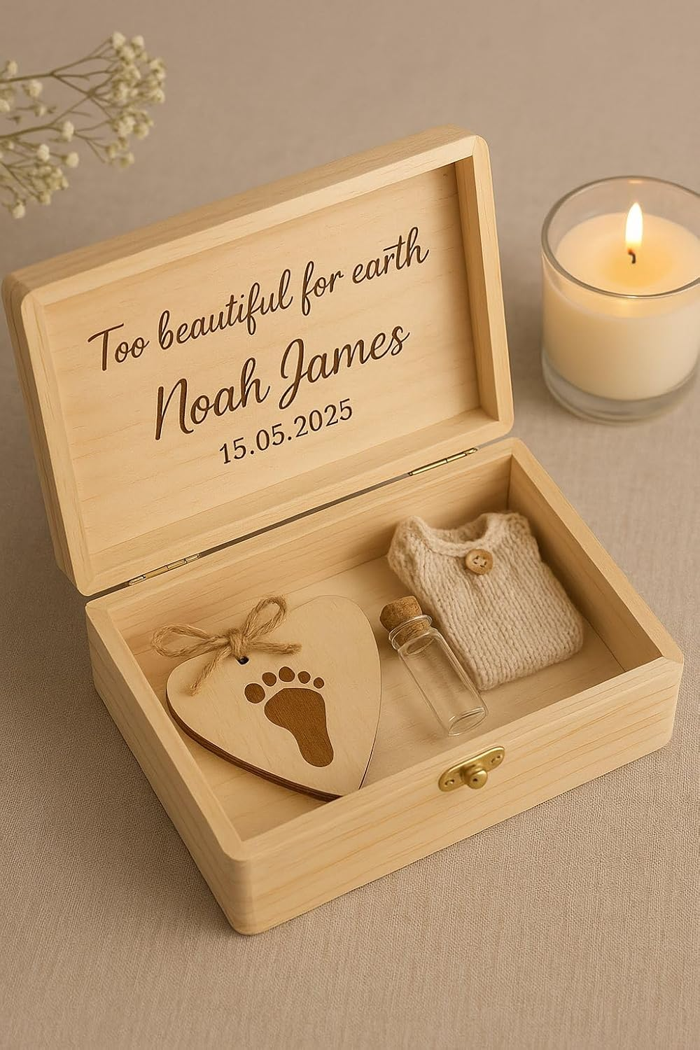 Custom Memorial Boxes Personalized Baby Memory Keepsake Box, Natural Pine Wood, Laser Engraved Design, Dual Compartment Storage for Mementos image number 2