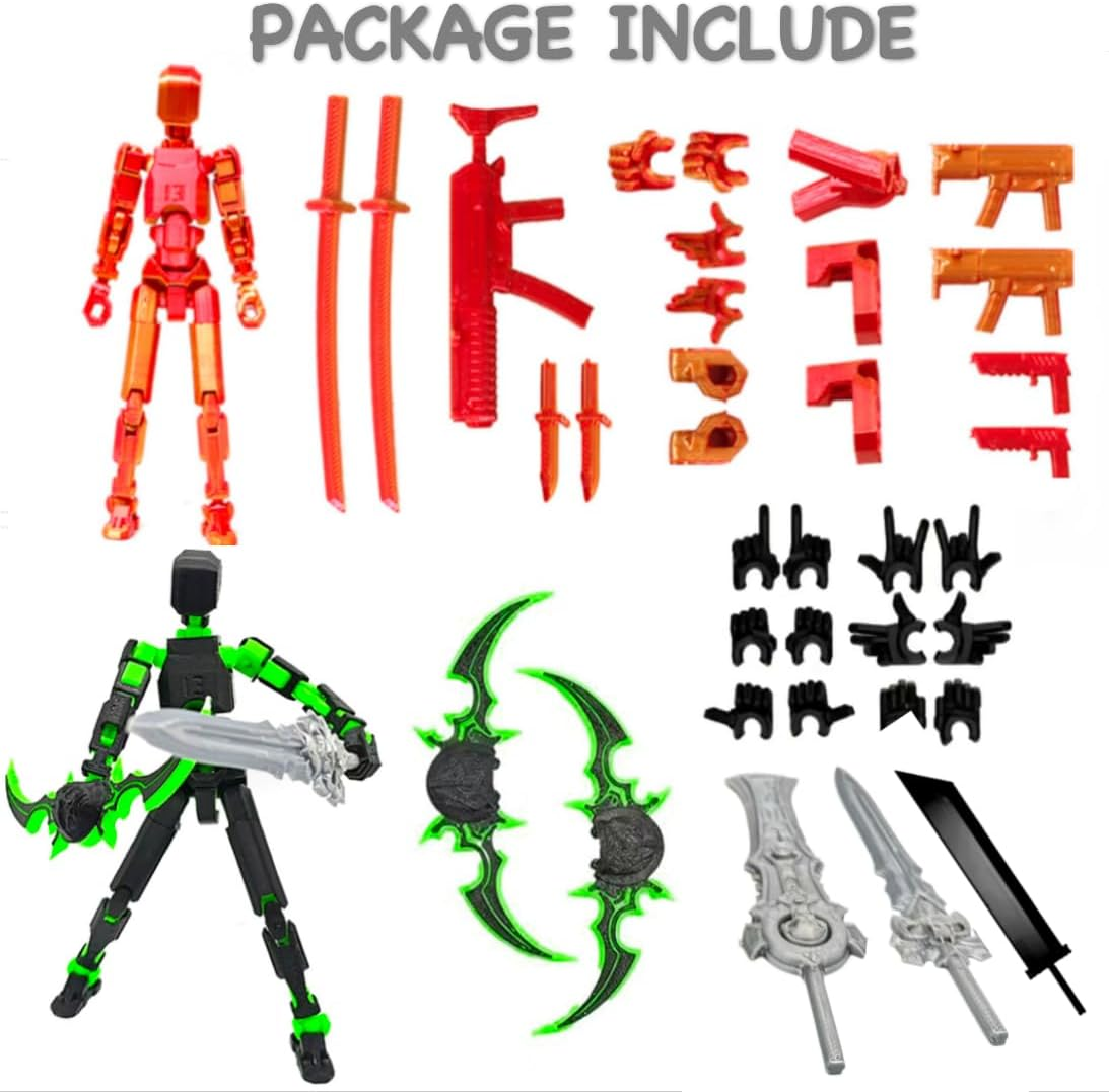 PEKOIU T13 Action Figure Set (Assembly Completed) - 3D Printed Multi-Jointed Desktop Decorations for Game Lovers (Green/Rose Gold)