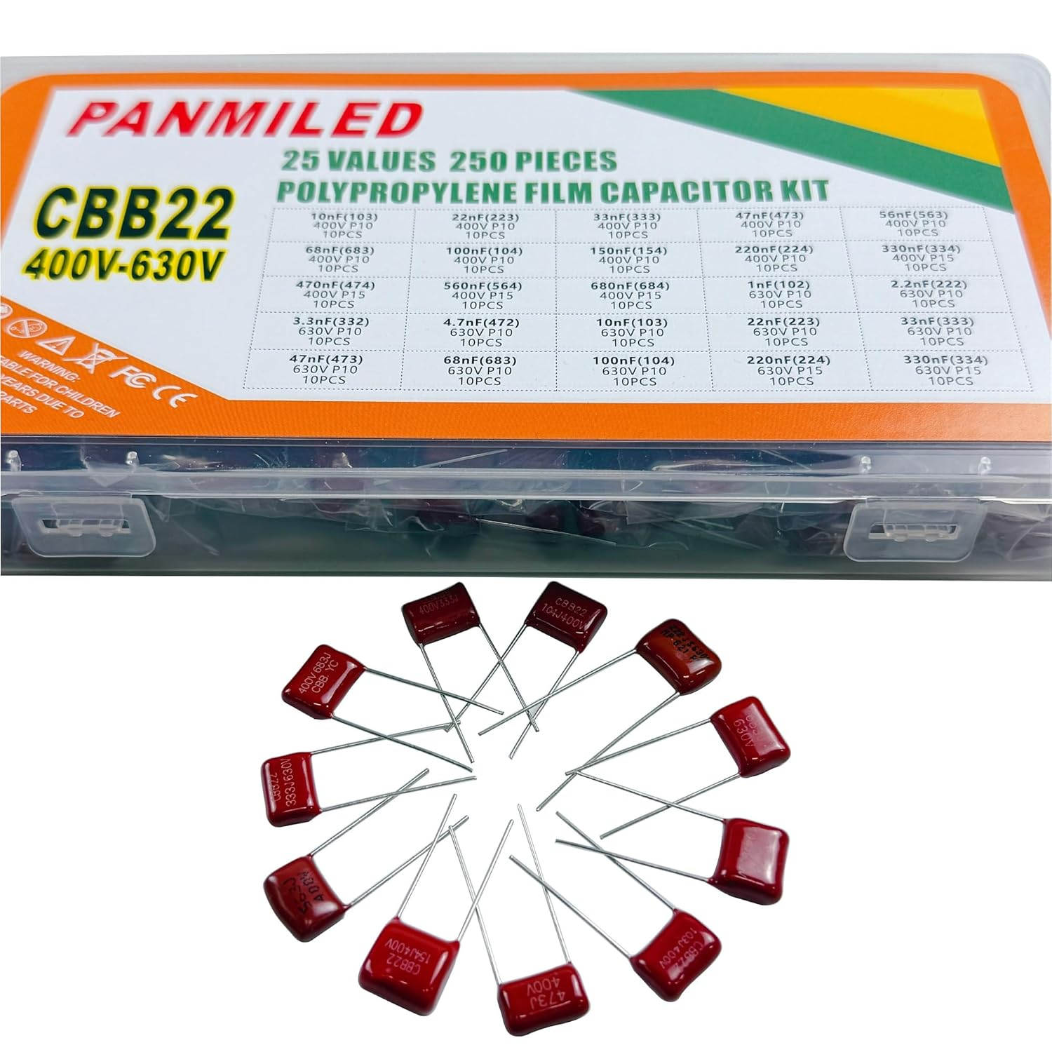 PANMILED 25 Values 250 Pieces Metallized Polypropylene Film Capacitor Kit 400V (0.01Uf ~ 0.68Uf) and 630V (0.001Uf ~ 0.33Uf) CBB22 Polyester Capacitor Assortment Kit image number 6