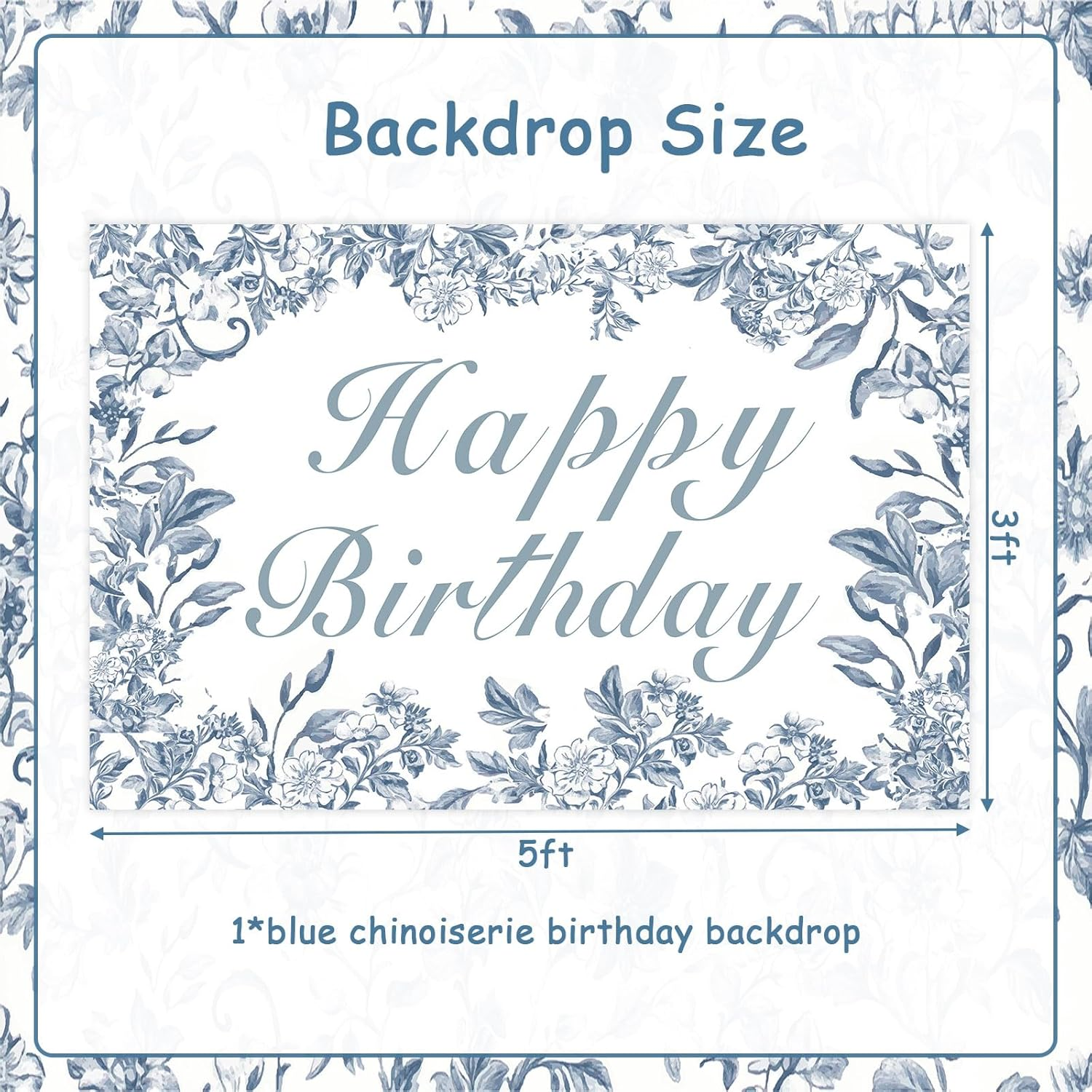 Wonmelody Blue Chinoiserie Birthday Decor 5 * 3Ft Blue Chinoiserie Happy Birthday Backdrop Banner Blue White Floral Backdrop Vintage Floral Party Decor for Chinoiserie Birthday Wedding Bridal Shower image number 5