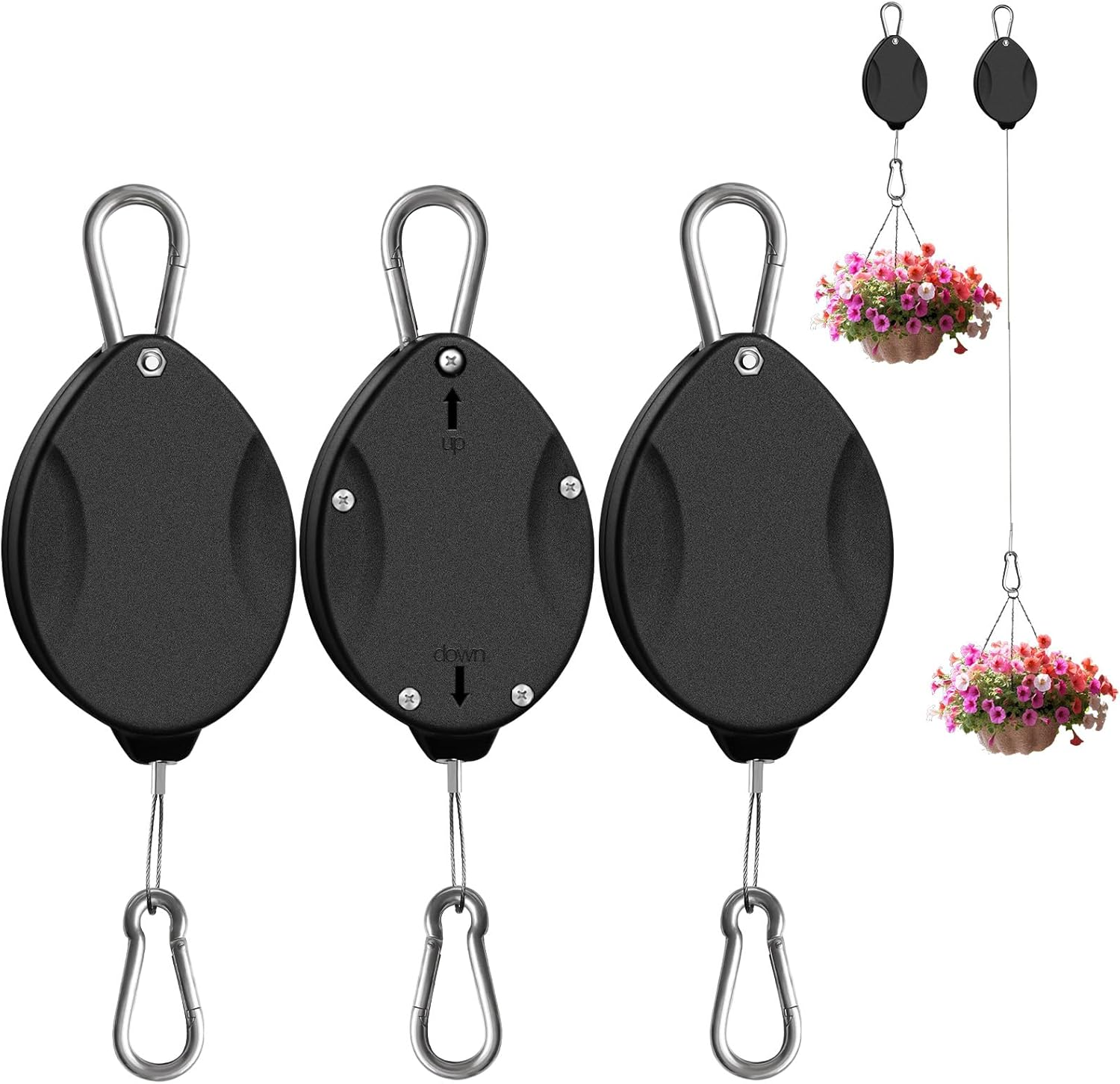 ZUZUAN 2 Pack 2024 Upgraded Heavy Duty Retractable Plant Hanger，Plant Pulleys for Hanging Plants,Easy to Raise and Lower,Auto Lock,Adjustable Hook for Garden Baskets Pots,Birds Feeder,Black