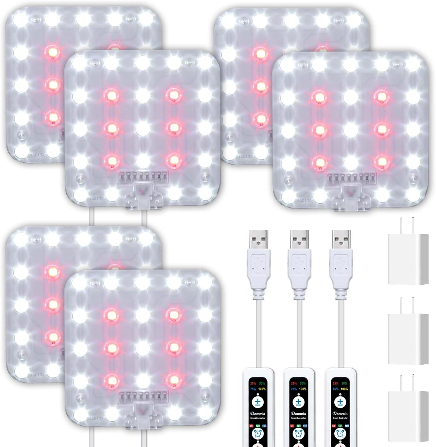 DOMMIA Grow Lights, 2-Pack Natural White Dimmable Grow Lights for Indoor Plants Full Spectrum with Optical Lens, LED Grow Light with Timer 6/12/16H, under Counter Plant Light with Adapters