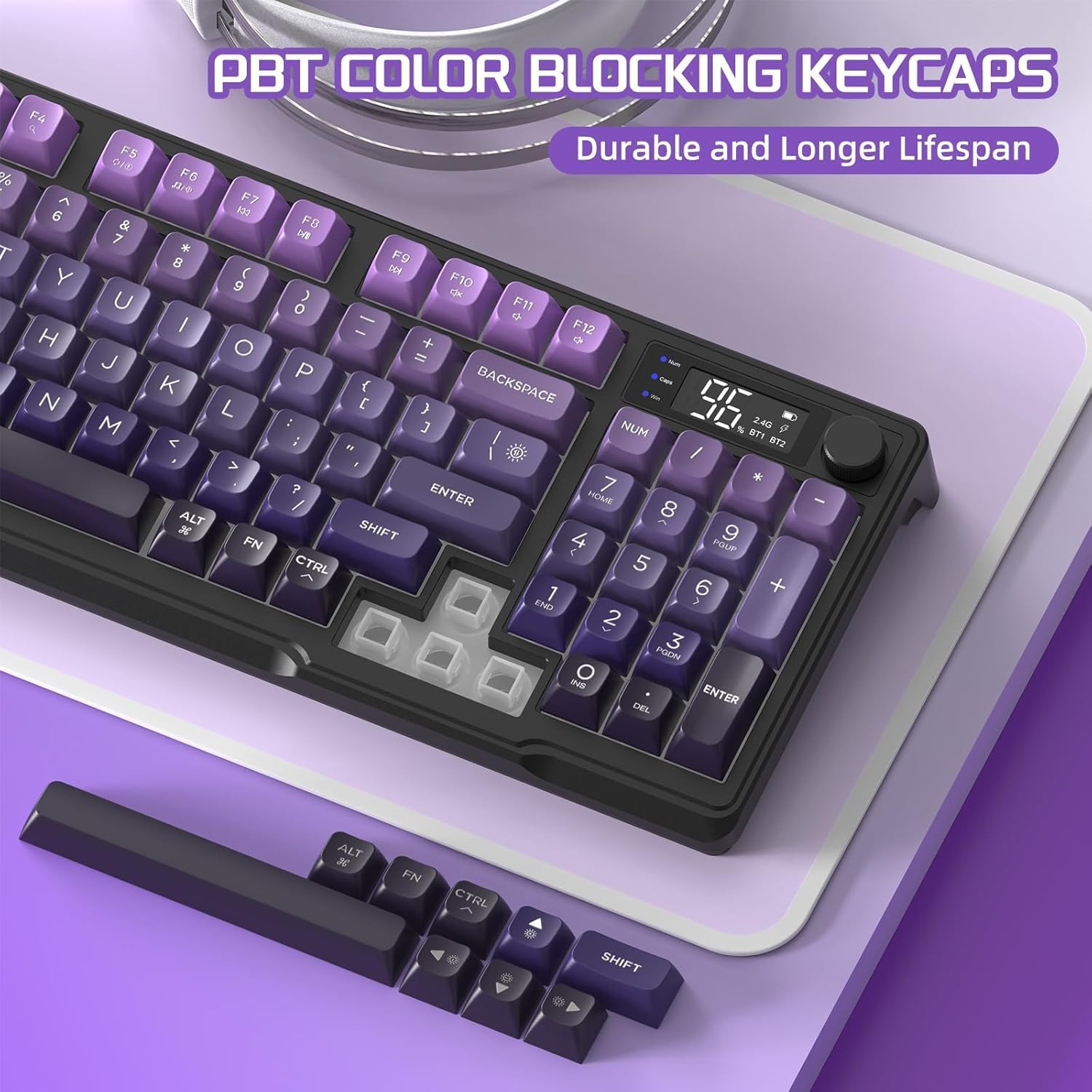 FREEWOLF M96 Wireless Gaming Keyboard Creamy Membrane with Rainbow Backlight,Media Knob,Lcd Screen,Dual Mode-Bluetooth/2.4Ghz,Ball Shape PBT Keycap 94 Key ANSI Layout for Win Mac PC Gamer(Purple) image number 1