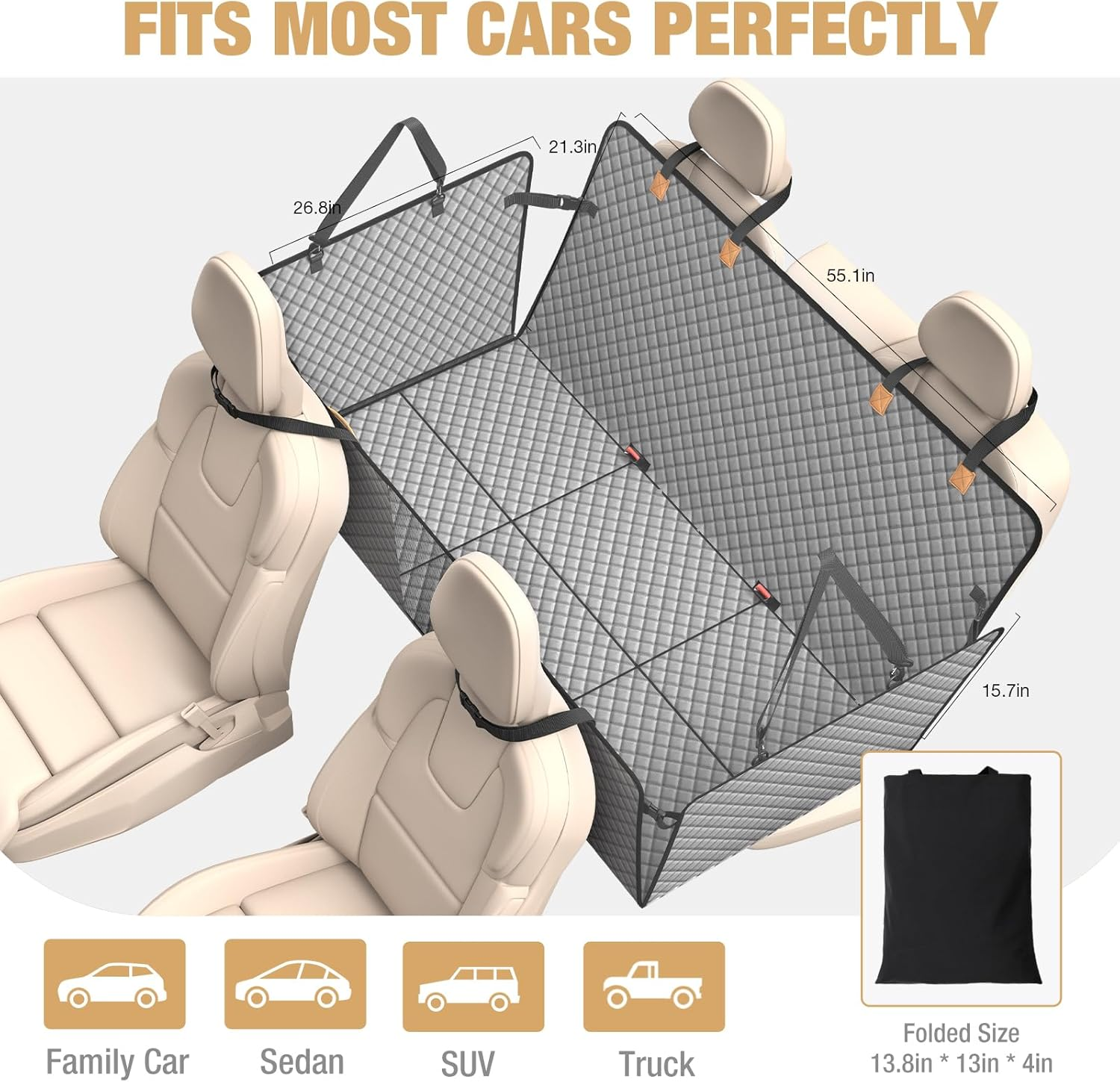 Lekereise Dog Car Seat Cover for Back Seat,Hard Bottom Dog Hammock for Car,Camping Air Mattress, Hammock Travel Bed for Car SUV Truck (Grey) image number 3