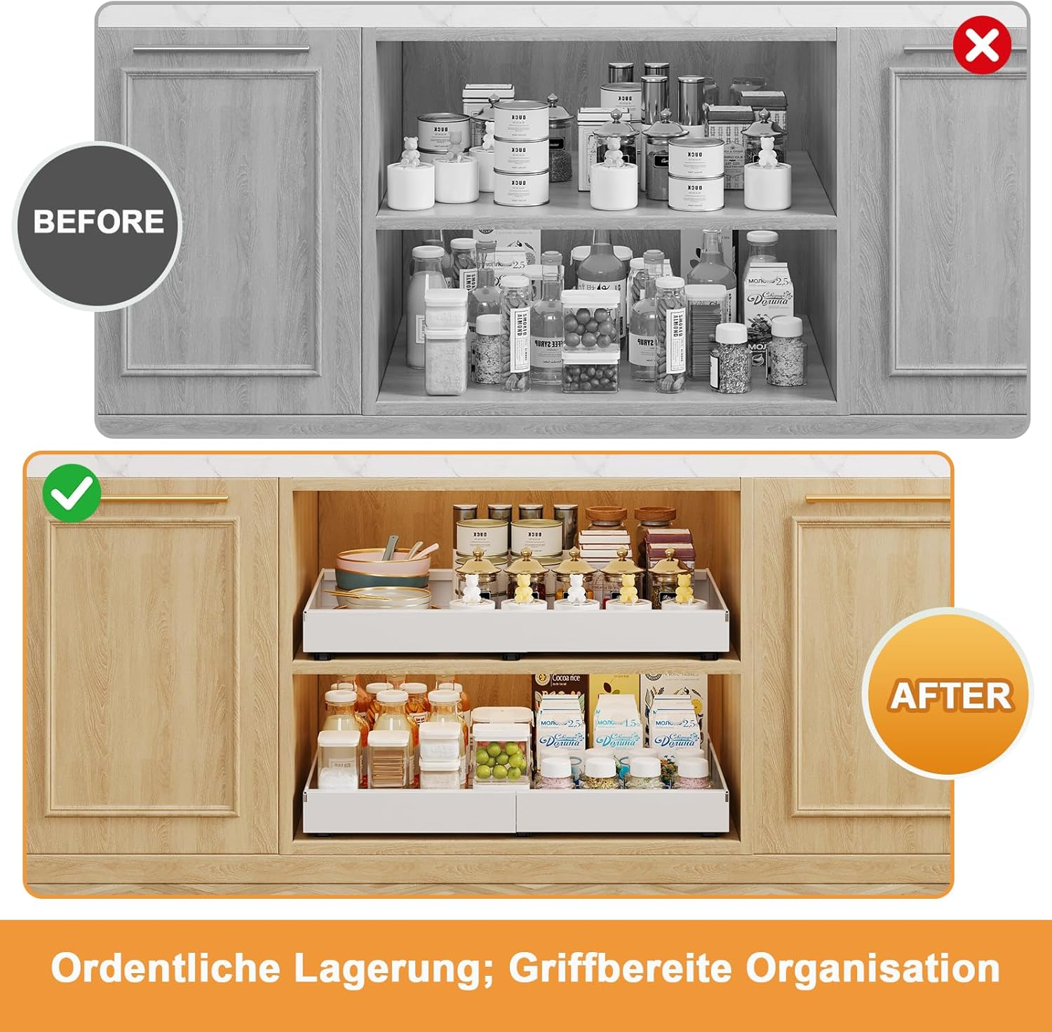 Casgee Pack of 4 Telescopic Drawers, Extendable Kitchen Drawer, Width 32-52 Cm, Extendable Cupboard Organiser with Rail System, Stick Slide Out Pull-Out Kitchen Cabinet for Kitchen Organisation, White