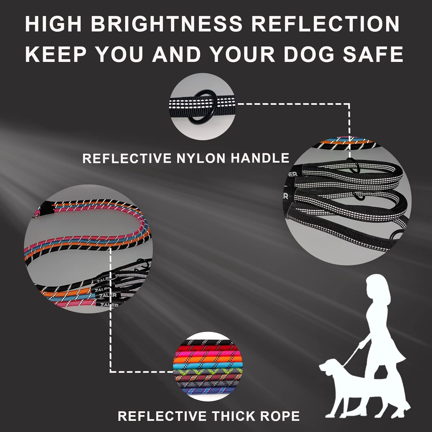 ZALER Rope Dog Leash, 4/5/6/10/15/20/30/50 Foot Reflective Dog Leashes with Carabiner, Heavy Duty Pet Lead for Large and Medium Dogs (4FT, Black) image number 4