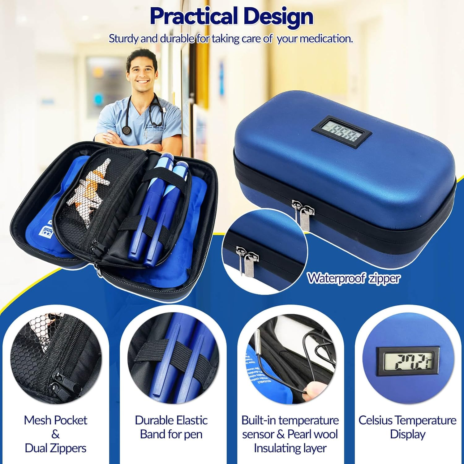 Insulin Cooler Travel Case with Celsius Temperature Display, Diabetic Medication Insulated Cool Organizer Carrying Bag with 2 Ice Bag for Insulin Pen and Other Dicbetic Supplies for Trip and Daily image number 3