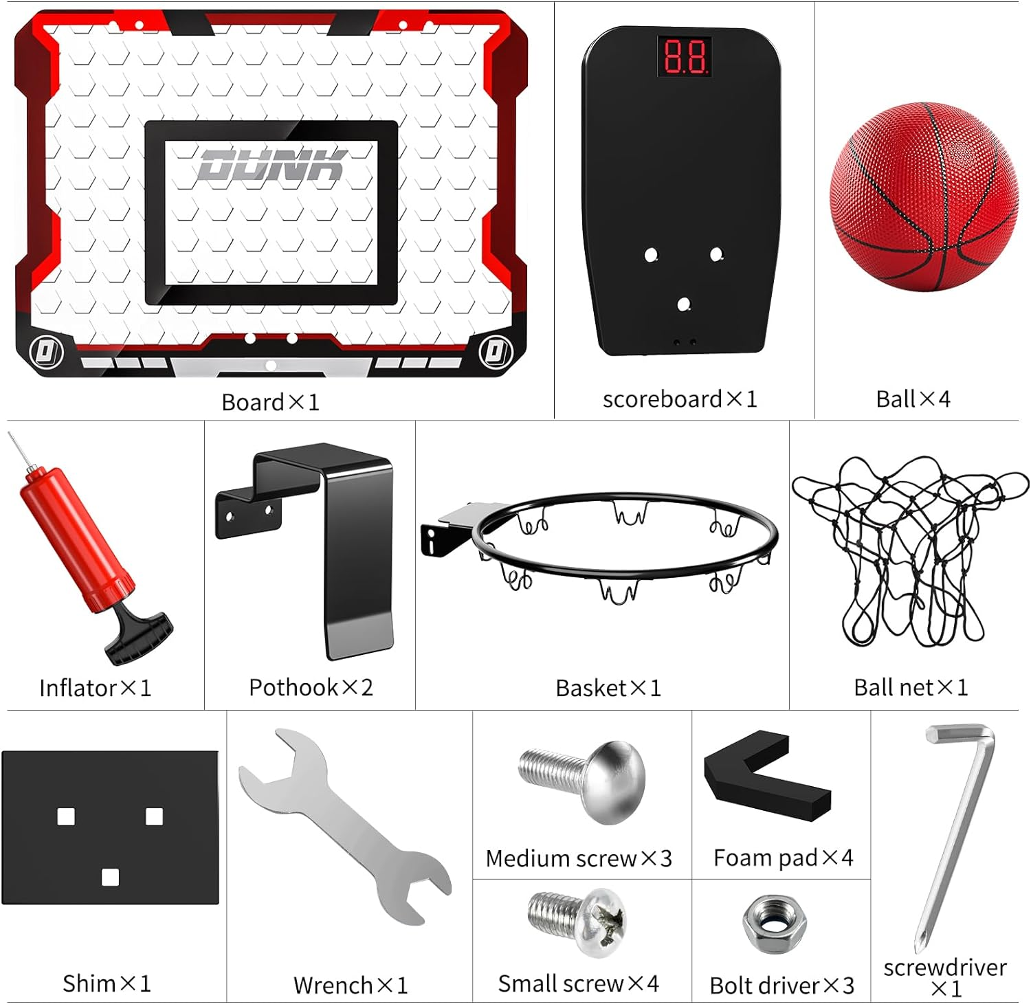 TEMI Indoor Basketball Hoop, Kids & Adults over the Door Hoop with 4 Balls, Electronic Scoreboard, Breakaway Rim, Red, Aluminium & Acrylic image number 5