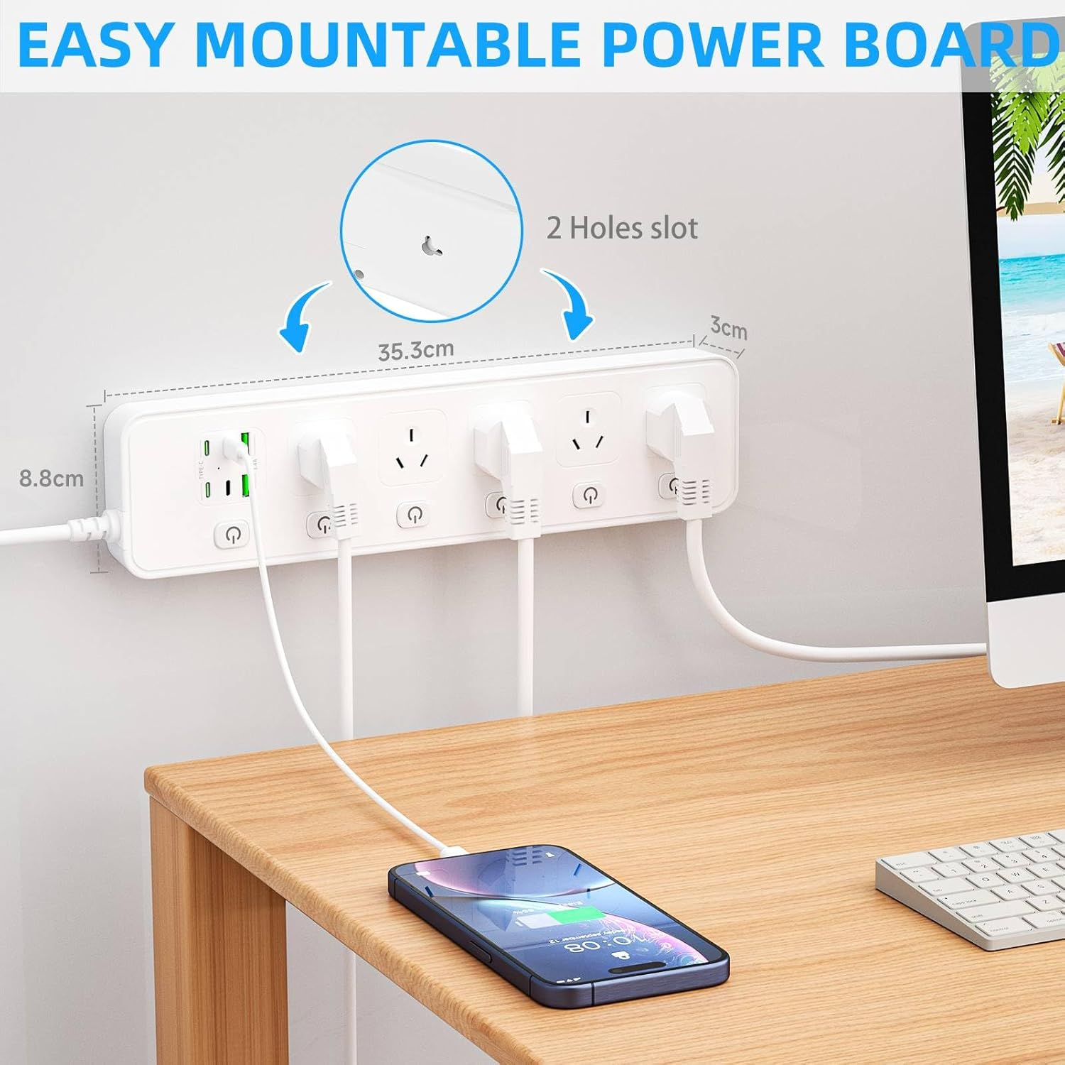 Power Board Individual Switch,11-In-1 Power Strip with 5 AC Outlets, Surge Protector Powerboard with 6 USB Ports(4 USB C Outlets), 1.8M Extension Cord Power Strip,Wall Mount for Home Office- White image number 5