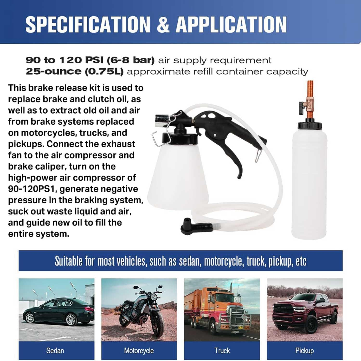 1.75L Air Brake Bleeder Kit, Brake & Clutch Bleeder Bleeding Vacuum Pump Kit, Pneumatic Brake Fluid Bleeder Tool, Clutch Vacuum Oil Bleeding Extractor Fluid Fill Adapters Kit Set image number 1