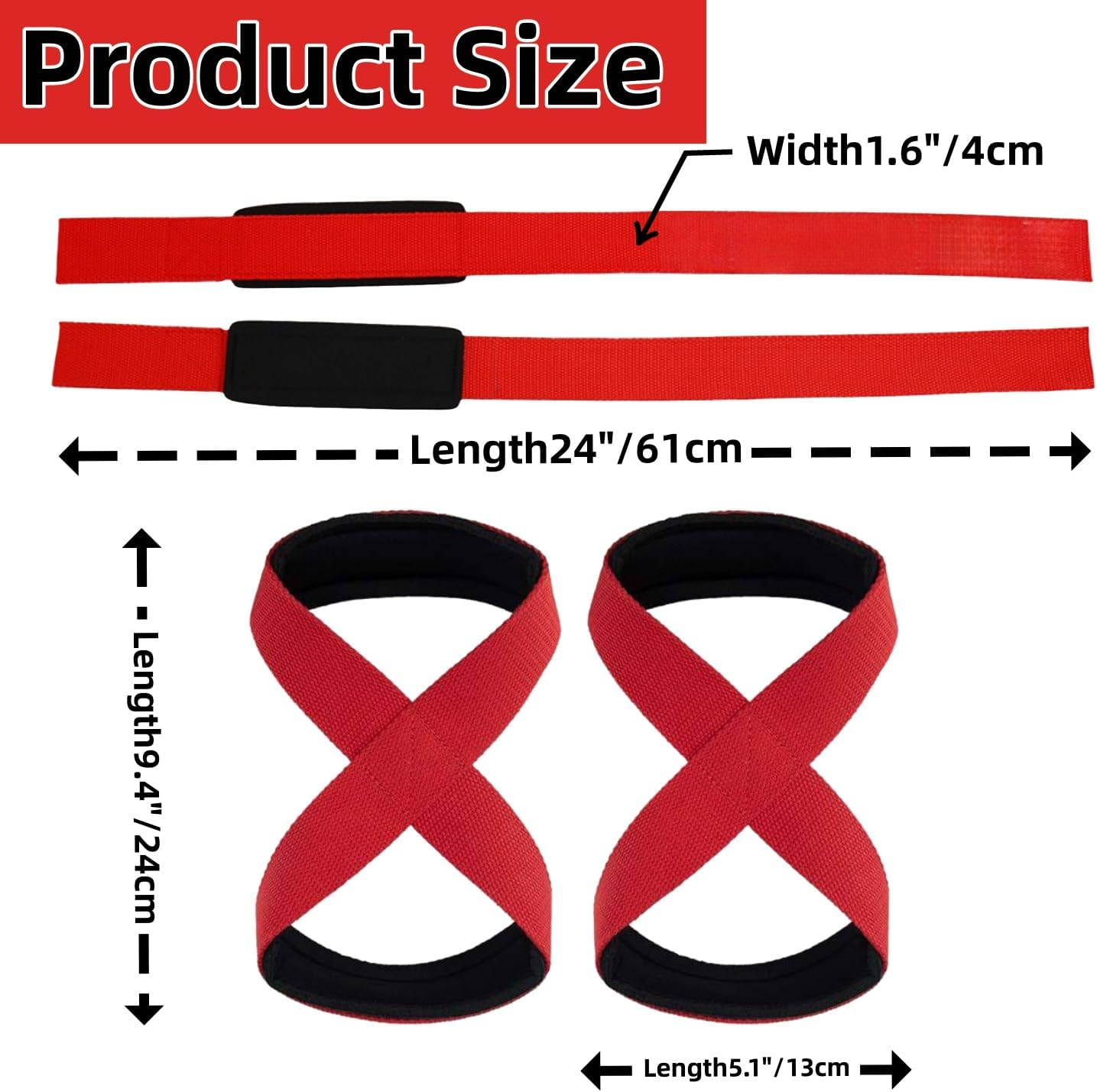 Figure 8 Lifting Straps for Deadlifts & Powerlifting &ndash; Heavy Duty Cotton Wrist Wraps Strongman & Cross Training Grip Support Set of 2 Pairs (Red) image number 4