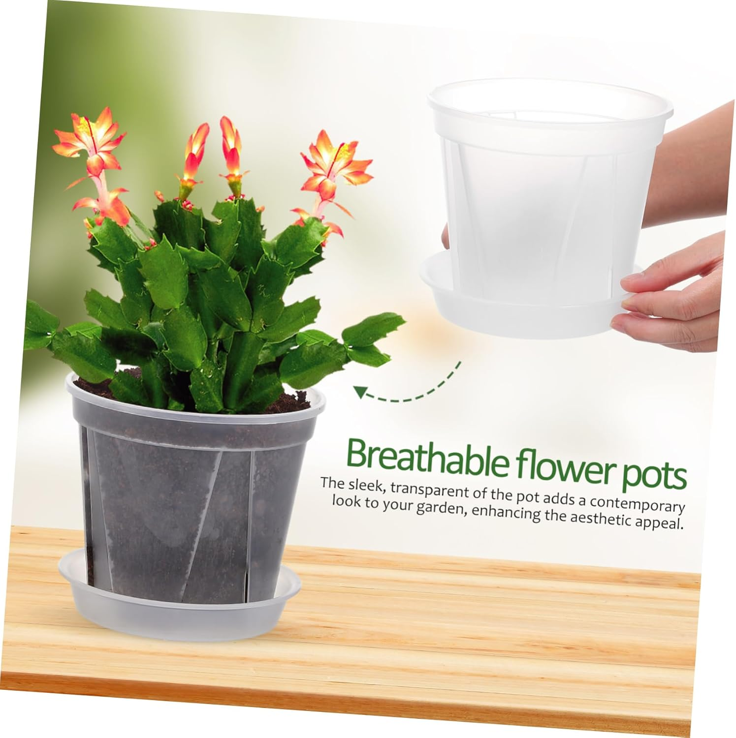 PHENOFICE 4Pcs Breathable Orchid Flower Pots with Drainage Trays 0.3 Gallon Plastic Nursery Planters for Indoor and Outdoor Plants Gardening image number 5