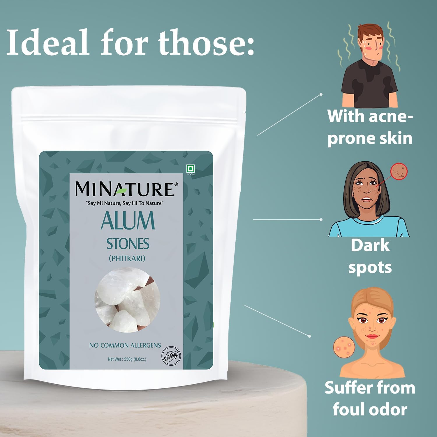 Alum Stone(Phitkari) by Mi Nature | for Skin Care | Water Purify| Pure Alum Stone (Potassium Alum) (Fitkari)|Cruelty Free | Post Shave Use| for Natural Deodrant | (250G)(8.8Oz)