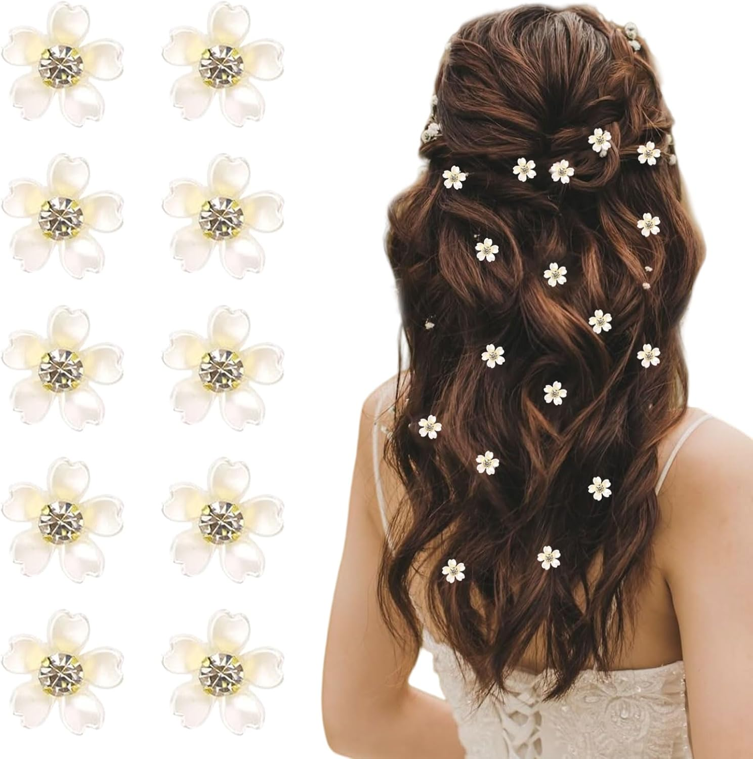 Muorruo 20 Pieces Mini Hair Clips, White Flower Hair Clips with Rhinestones, Cute Flower Girl Hair Decorations, Hair Clips for Weddings, Bride Hair Pins (White) image number 4