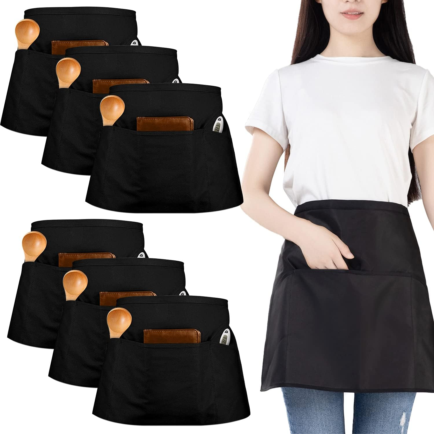 Funchaos 6 Pieces Waist Apron, Waiter'S Apron with 3 Pockets, Waterproof Half Apron for Men and Women, Cooking Apron for Cooking, Cleaning, Painting, Gardening, Bistro, Restaurant