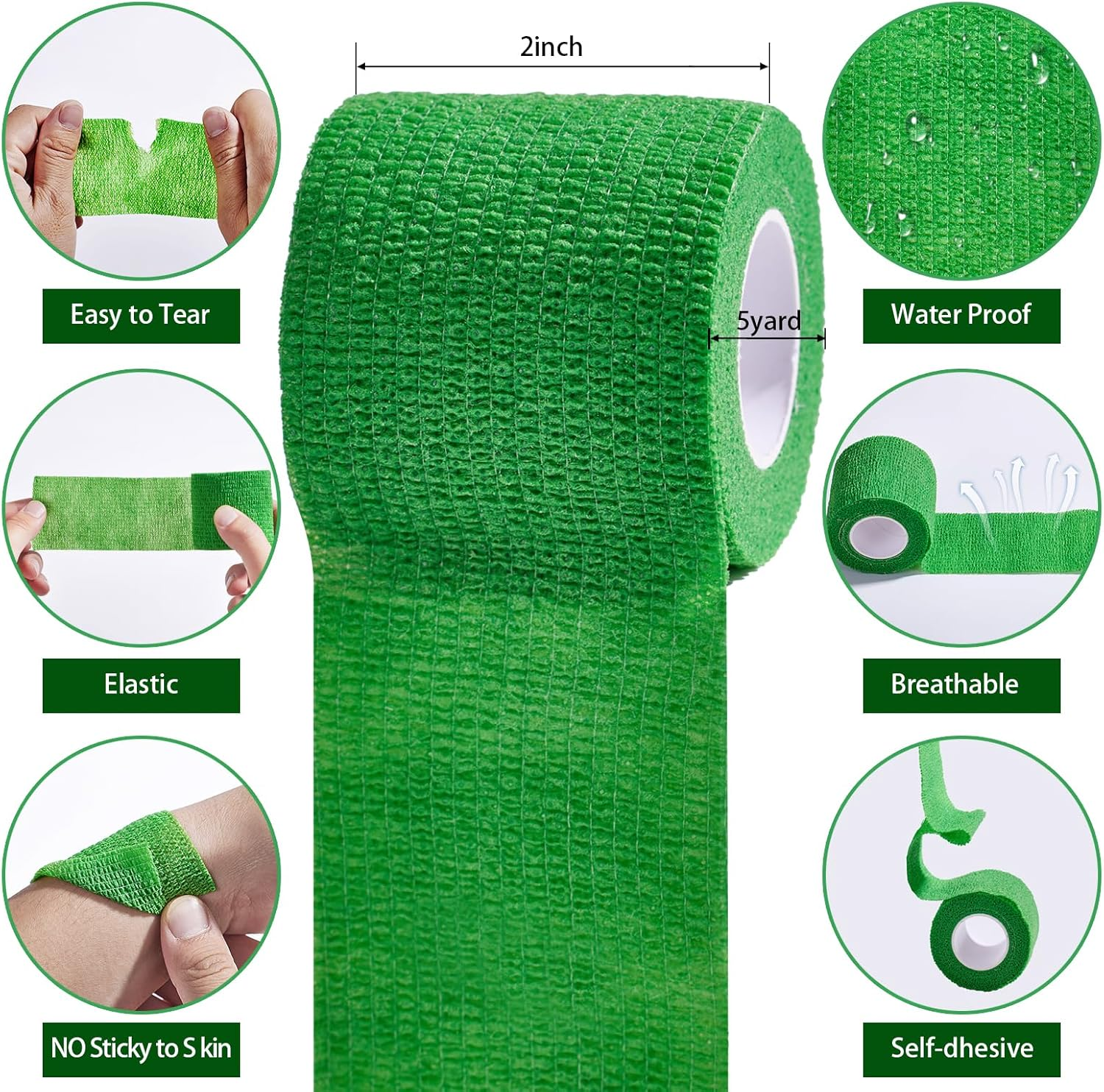 [12Pack 2"X6 Yards] Self-Adhesive Bandages Sports Wrap,Athletic Cohesive Tape for Basketball, Football Injuries,Ankle&Wrist Sprains,First Aid Vet Tape, Thumb Tape Weightlifting (Green) - Green image number 3