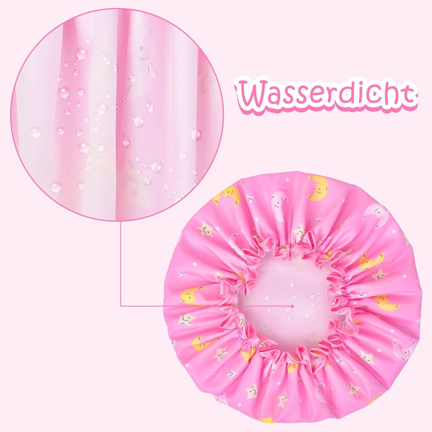 Pack of 2 Children'S Shower Caps, Elastic Band, Double Layers, Waterproof Shower Cap, Women'S Bath Cap, Women'S Shower Cap with Ruffled Edge, Cover Ears for Long, Short, Curly Hair image number 3