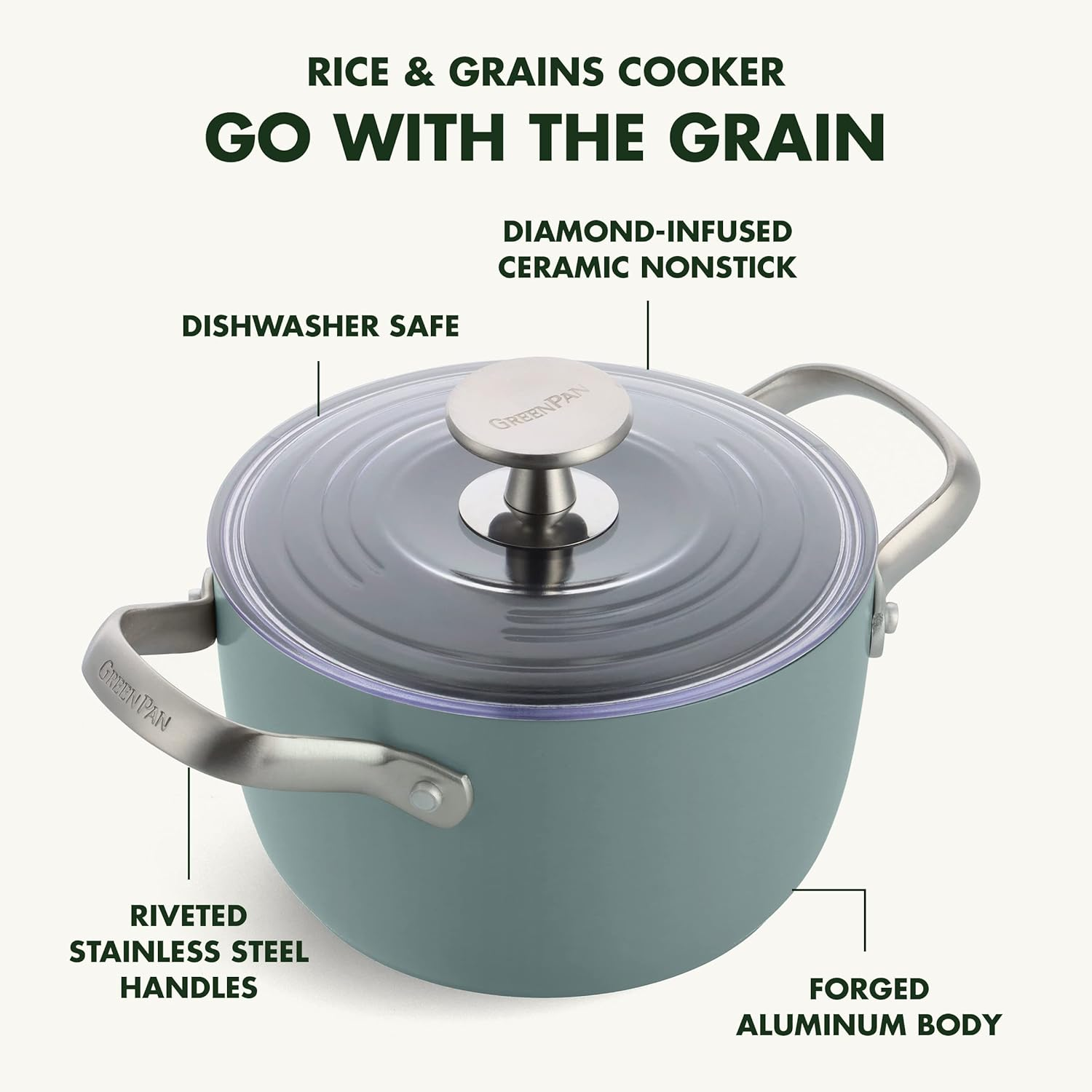 Greenpan Healthy Ceramic Nonstick, 2QT Rice Grains and Soup Maker, Caldero Pot with Lid, Pfas-Free, Induction, Dishwasher Safe, Oven Safe, Smokey Blue