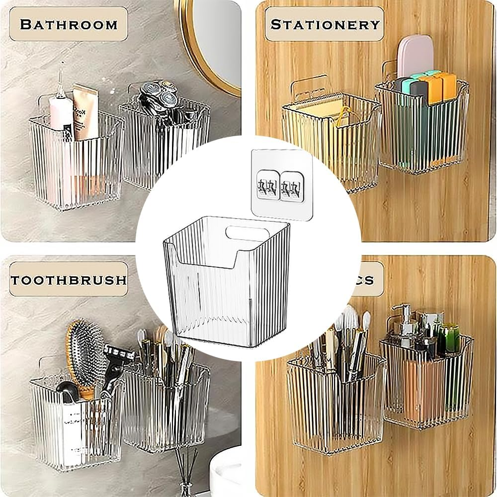 4 Pack Acrylic Wall Mount Organizer，Adhesive Cabinet Door Storage Bins，Clear Makeup Tool Containers，Stackable Organizer Basket for Kitchen，Bathroom，Cabinet，Pantry，Office (Take with No Trace Hooks) image number 6