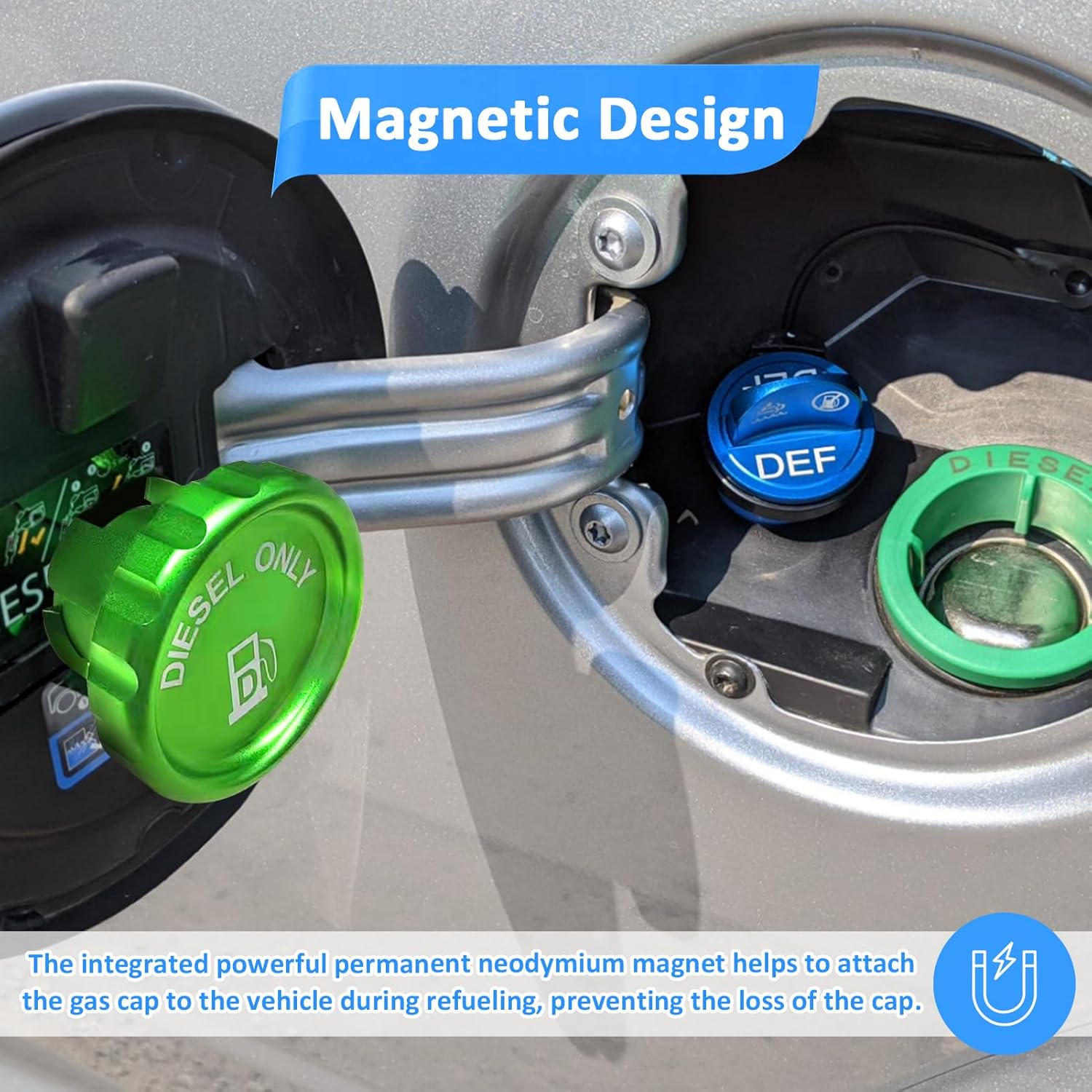 Wsays Green Magnetic Diesel Fuel Cap 6061 Aluminum Compatible with Dodge Ram 1500 2500 3500 2019-2024 Replace Part 82215782 image number 5