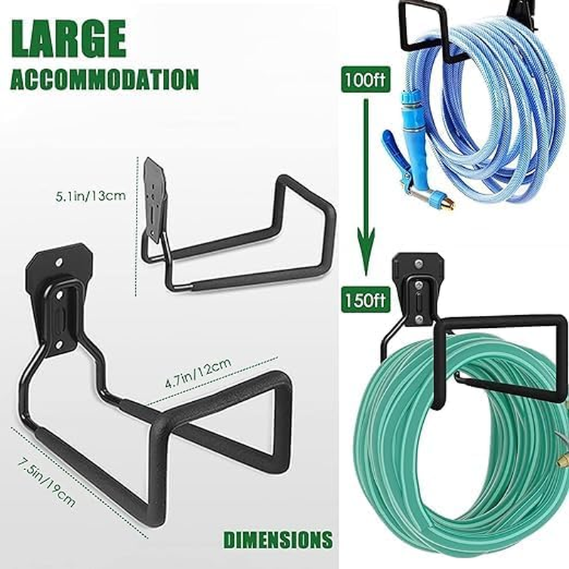 2Pack Heavy Duty Metal Garden Hose Holder Wall Mount - Durable Water Hose Reel with Hooks for Garage, Outdoor Use - Holds up to 150Ft