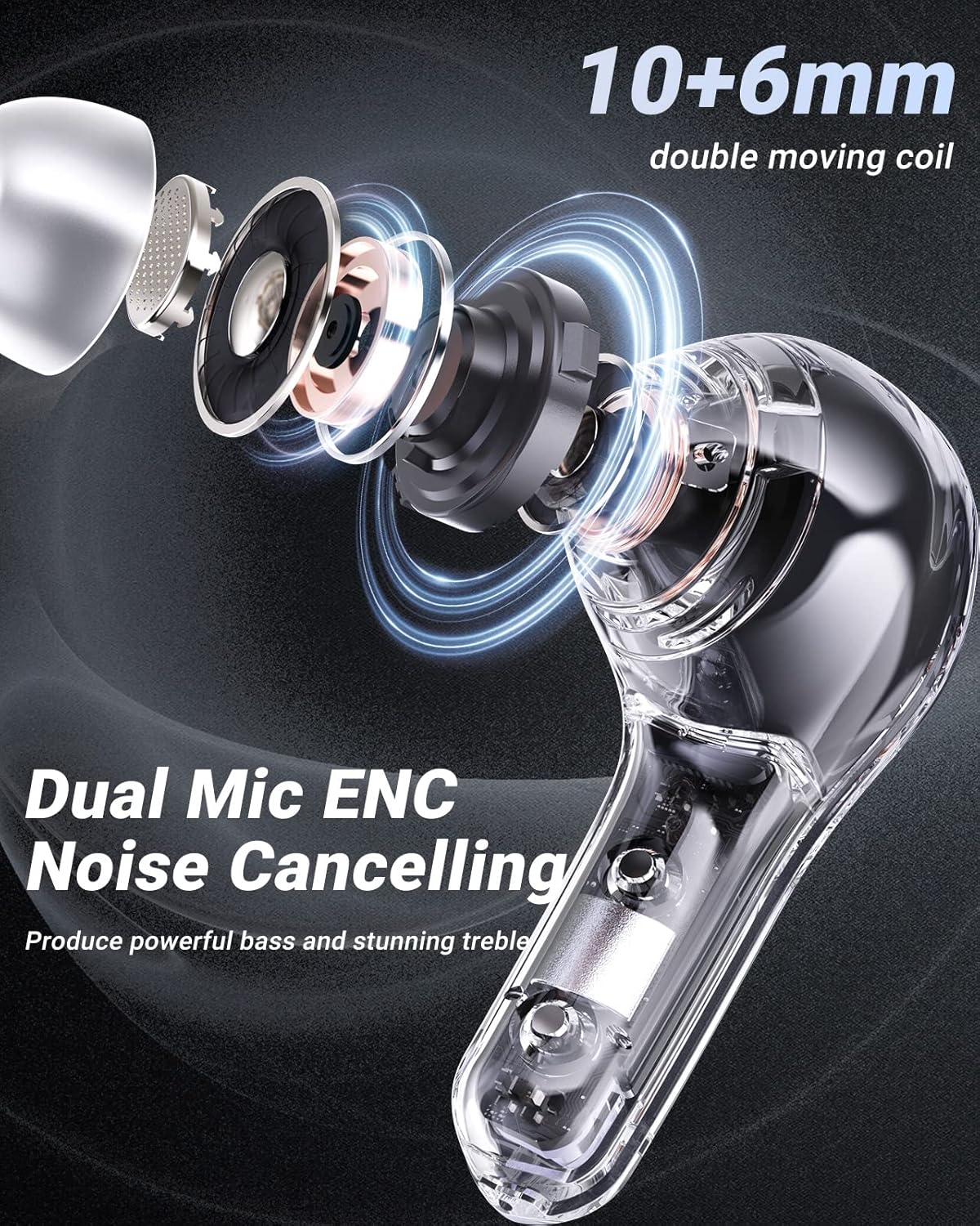 Acefast Crystal Color Wireless Bluetooth Earbuds Noise Canceling T8 (Black) - Ice Blue image number 4