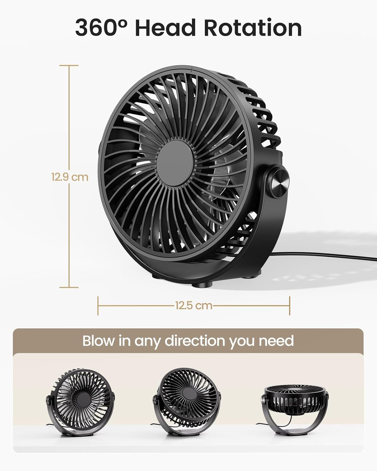 Tripole Desk Fan USB Powered Portable Fans 5 Inch Mini Quiet Fan with 3 Speeds, 360&deg;Rotation Head Small Cooling Fan for Desktop Office Home Travel, Black image number 5