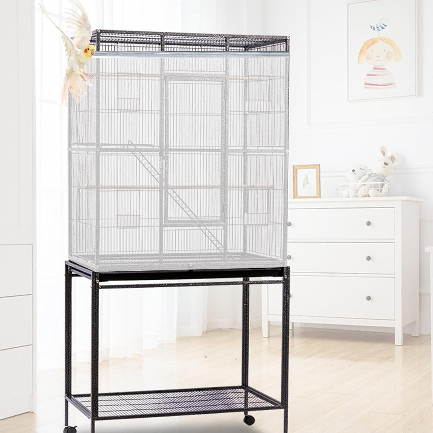 ASOCEA Bird Cage Seed Catcher Adjustable Bird Cage Cover Soft Nylon Mesh Net with Drawstring Birdcage Skirt Feather Guard for round Square Cages (Black) (300 X80 Cm White) image number 2