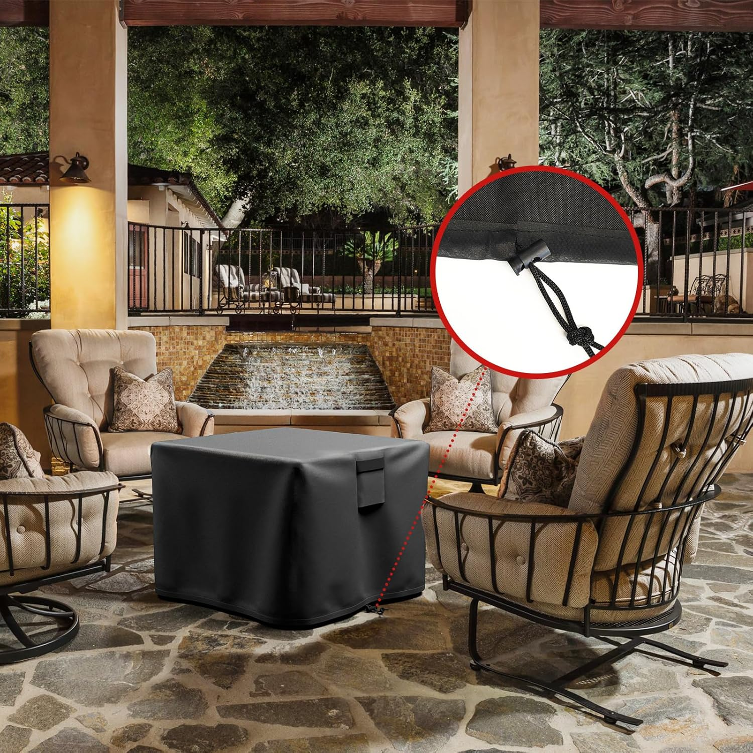 Fire Pit Cover for 28-32 Inch Outdoor Pits, Waterproof 600D Fabric, Double Drawstring, Black image number 2