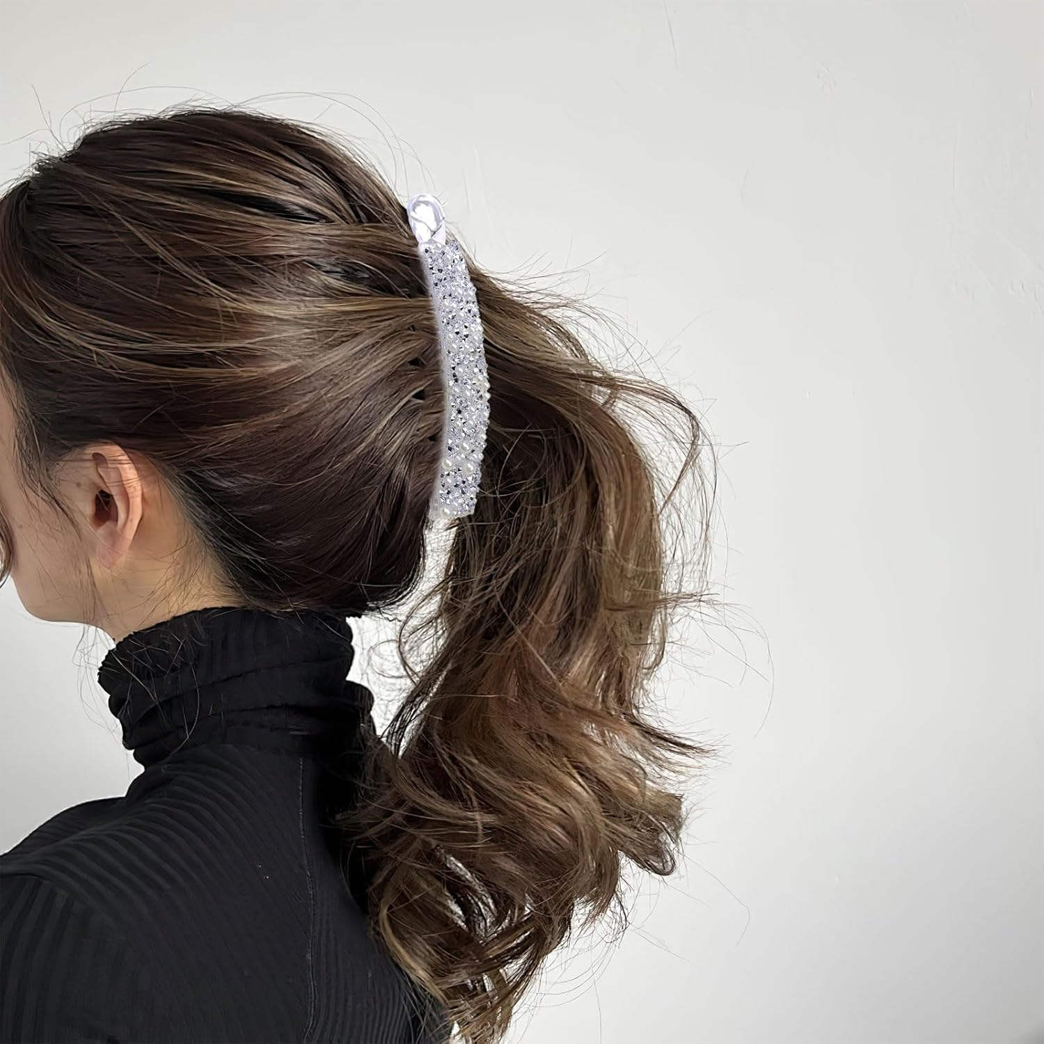 Pack of 2 Banana Clip Hair, Rhinestone Beads Banana Hair Clips, Banana Clip Thin Hair, Suitable for Women, Girls (Black + Silver) (Black + Silver) image number 3