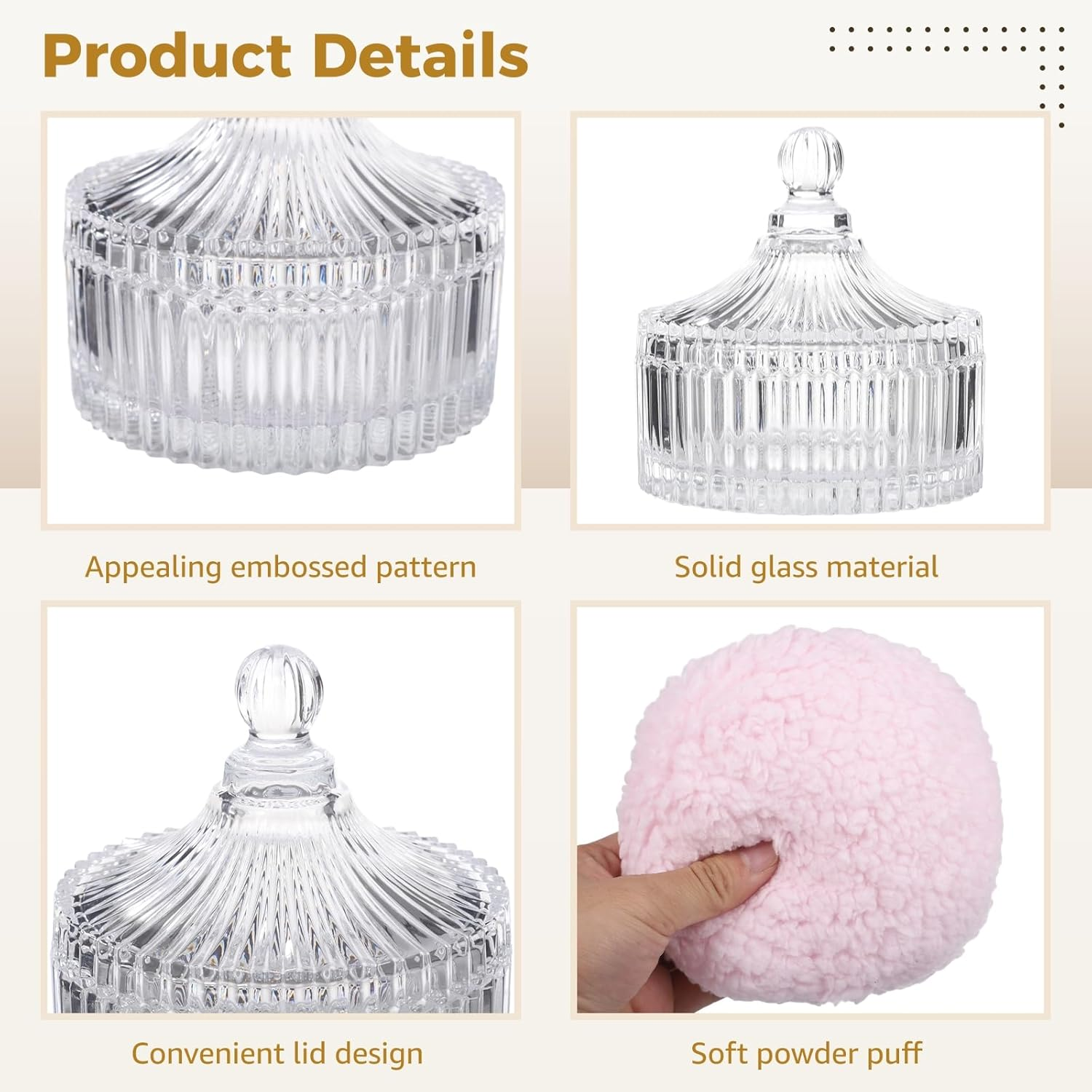 2 PCS Glass Powder Puff Container Set, Decorative Jars with Lid, Large Powder Puffs, Ideal for Adult Body Application